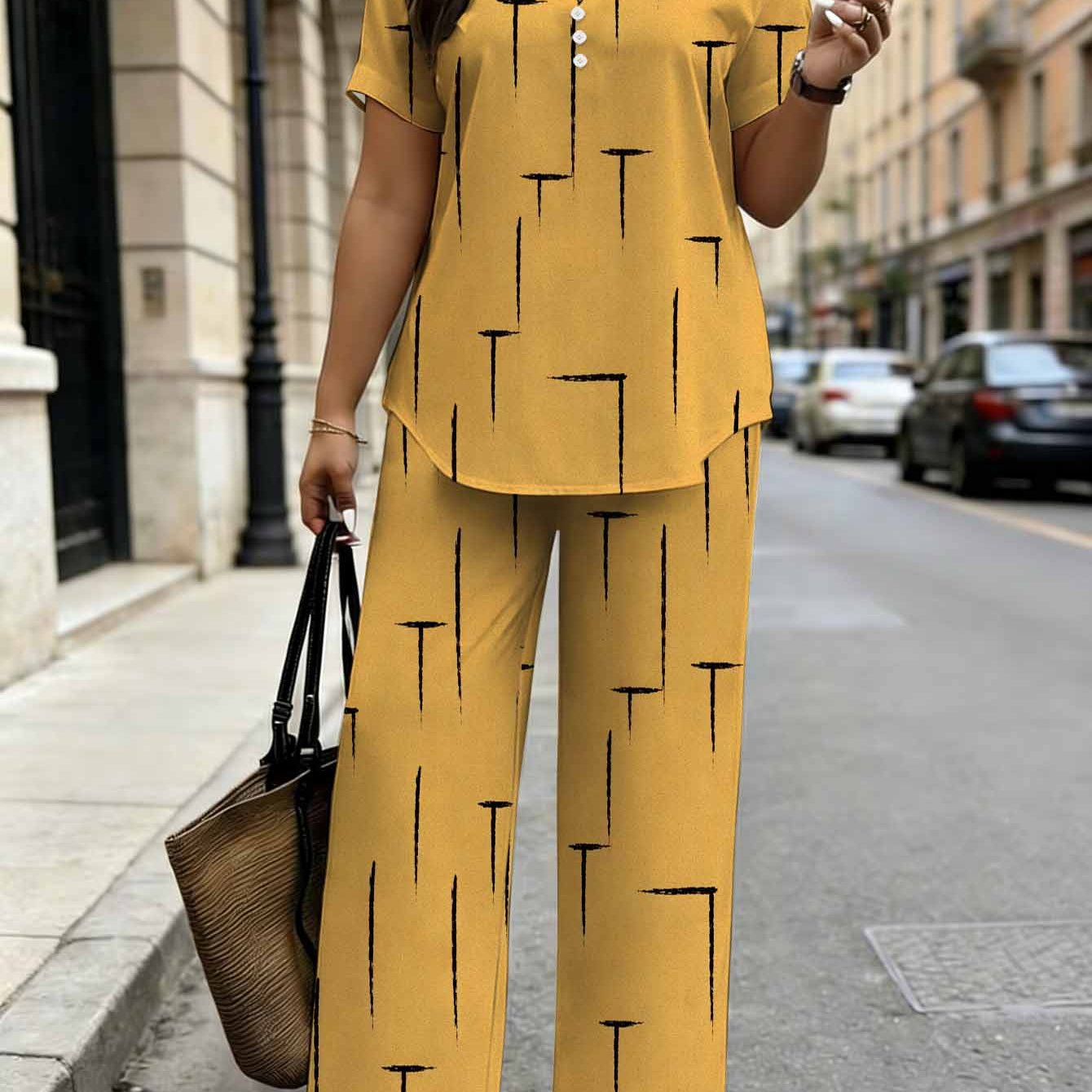 Image of Plus Size, Plus Size Women's Fashion 2pcs Set. Geometric Pattern Print In Mustard Yellow With Modern Minimal Shapes. Comfortable Chic Outfit Suitable For Spring Summer Autumn