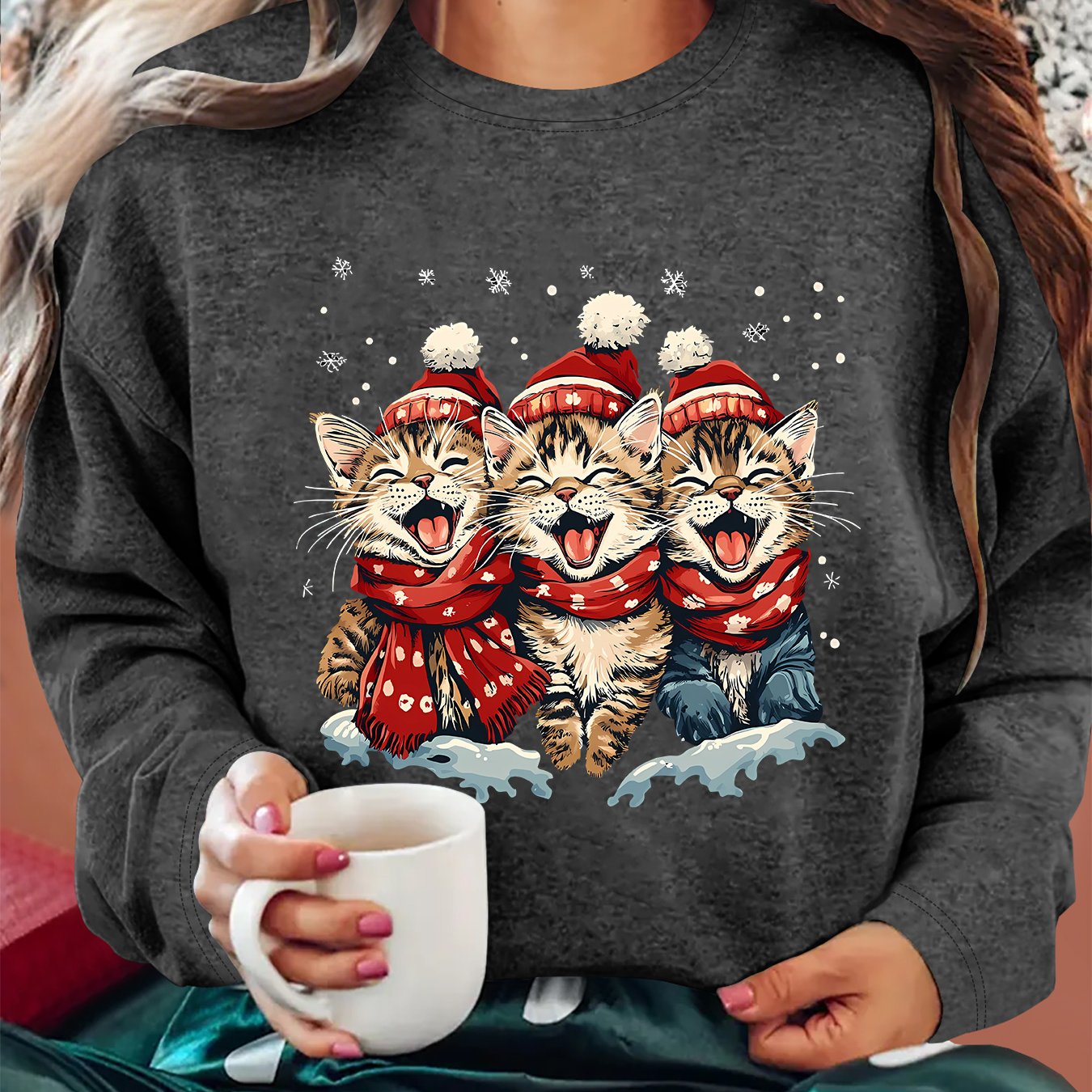 TEMU Women's Refreshed Autumn/winter Apparel: Christmas Hat, Scarf, Three-stripe Cat, And Snowflake Print Crew Neck Long Sleeve T-shirt. Sporty,