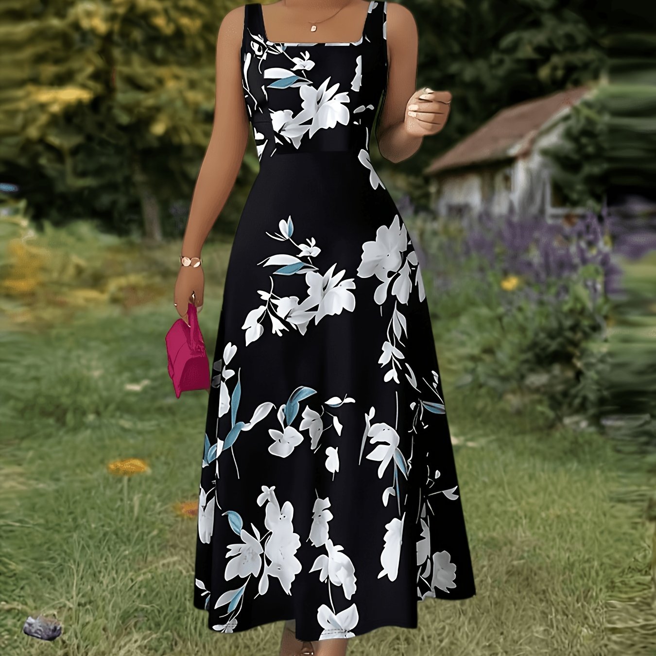 Women's Printed Sleeveless Square Neck Dress, Spring Summer A-line Maxi Skirt