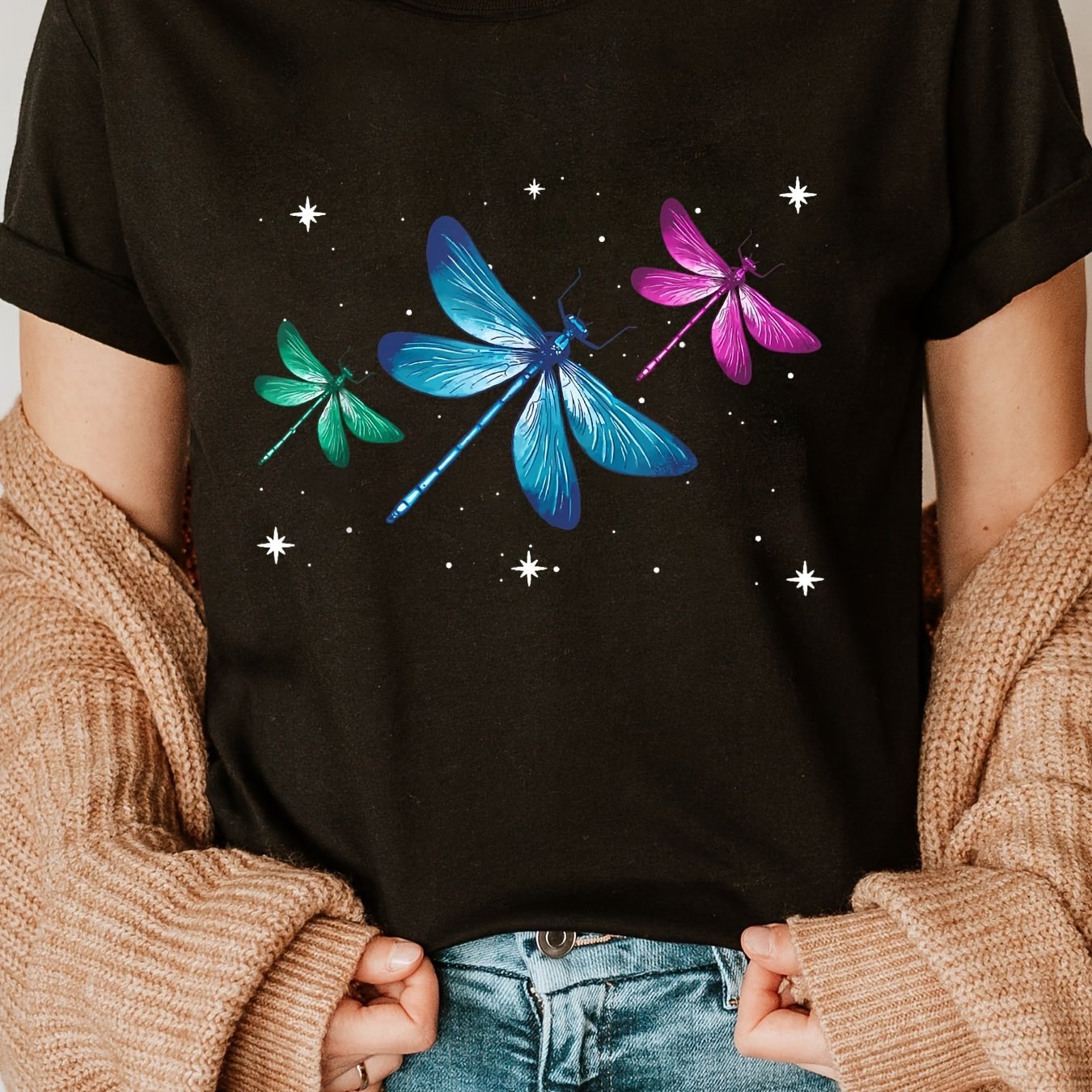 TEMU Plus Size - Women's Dragonfly Short Sleeve Crew Neck Casual Top With Dragonfly Print High Elasticity Fit Suitable For Layering Basic For Unisex