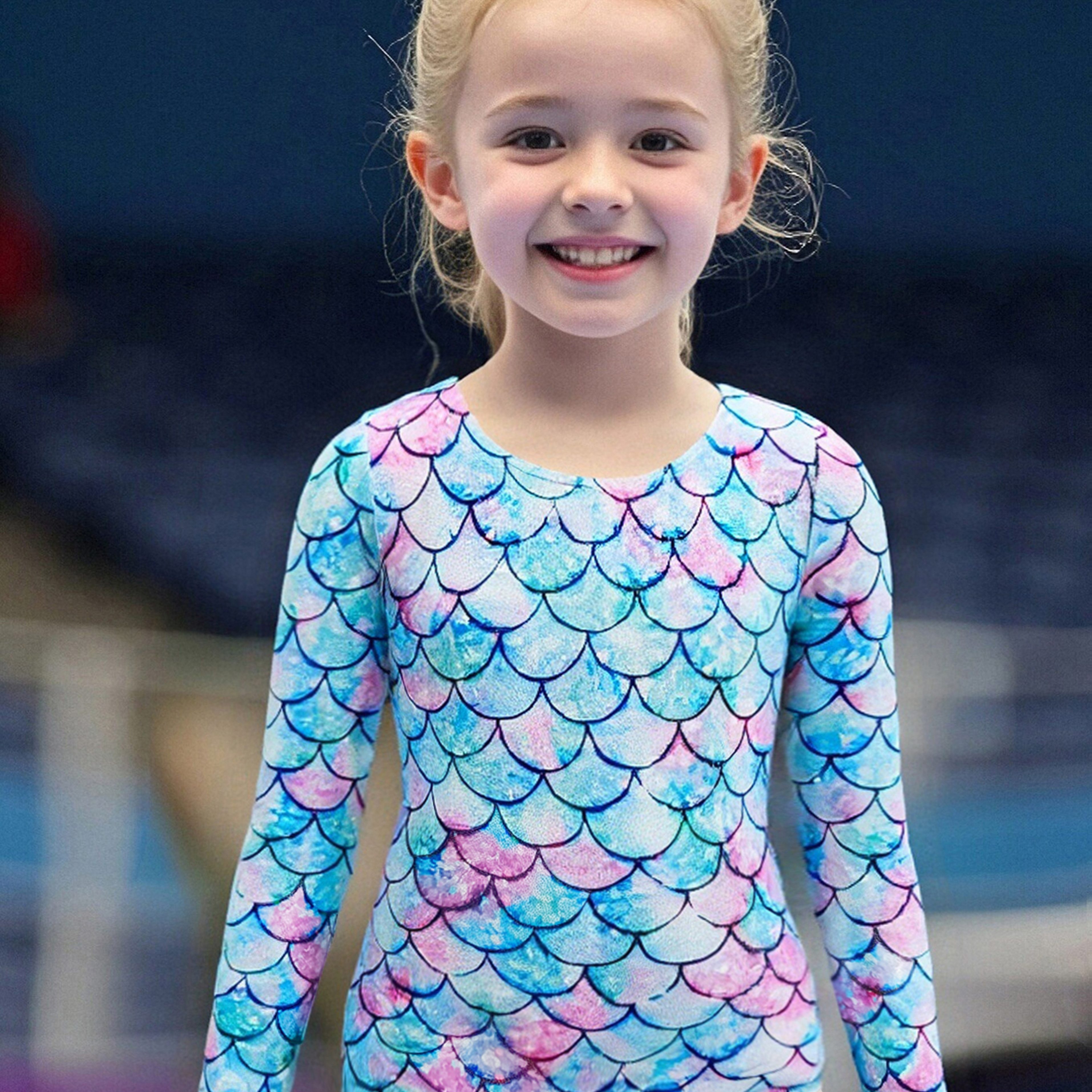 Image of Gymnastics Leotard Long Sleeve Kids Bodysuit Athletic Wear Girls' Performance Outfit Scale Print Tight Bodysuit, For Outdoor