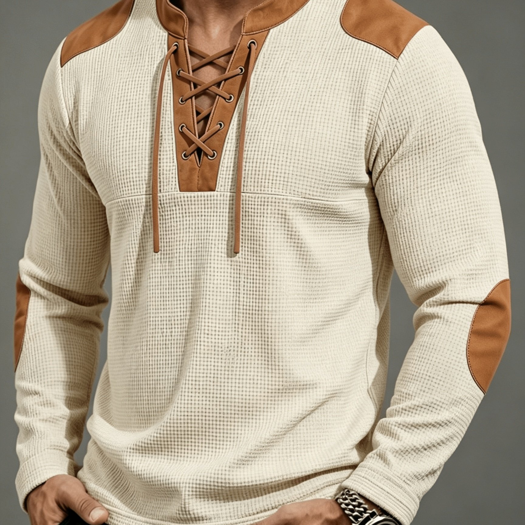 TEMU Autumn/winter New Waffle Check Cross-strap Long Sleeve Top, Soft Breathable Elastic Fabric, Small Stand Collar With Contrast Cross-strap Design,