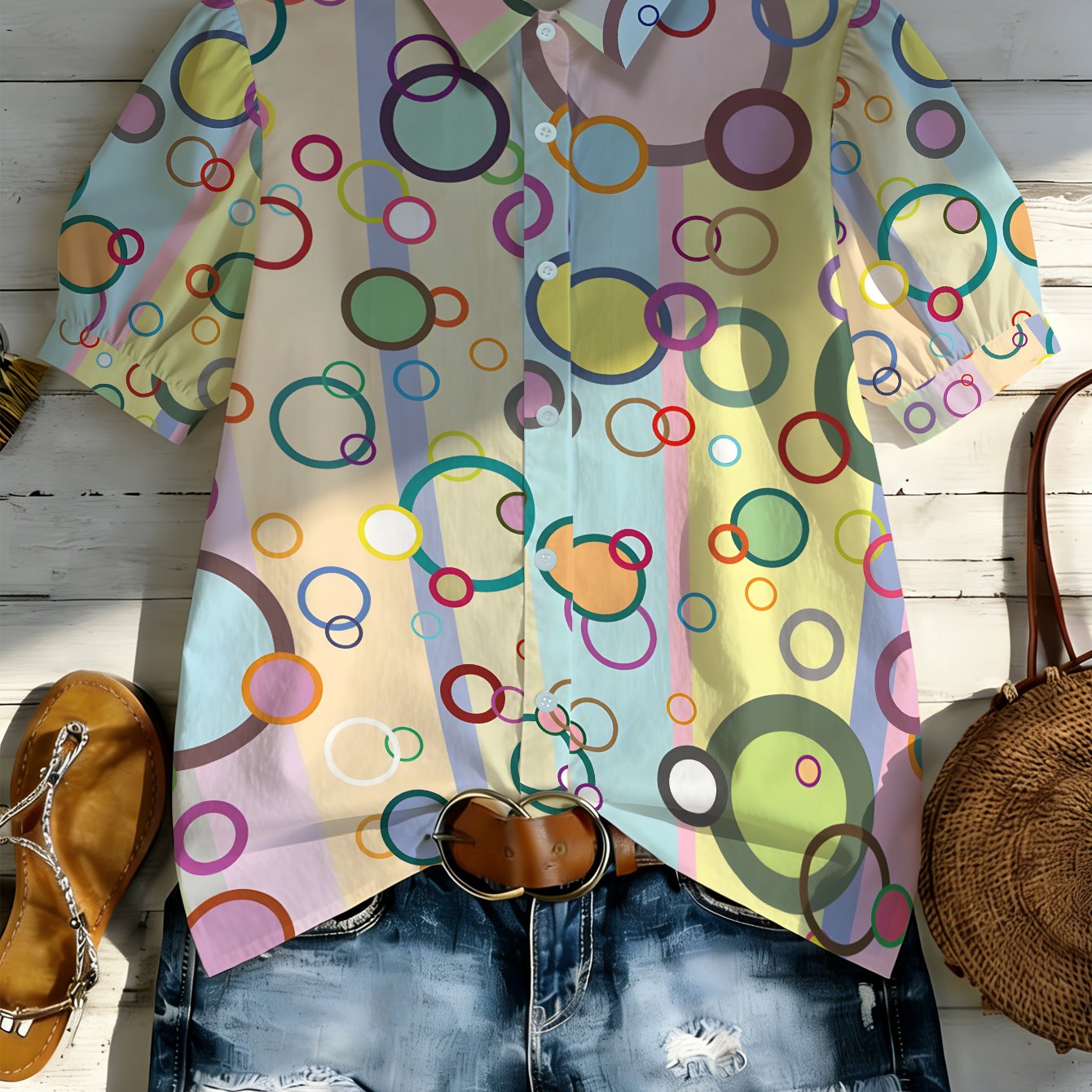 TEMU 1pc Colorful Circle Pattern Short Sleeve Shirt, Ideal For Daily Wear, Beach Vacation, Casual Gatherings, And Outdoor, Skin-friendly, Washable,
