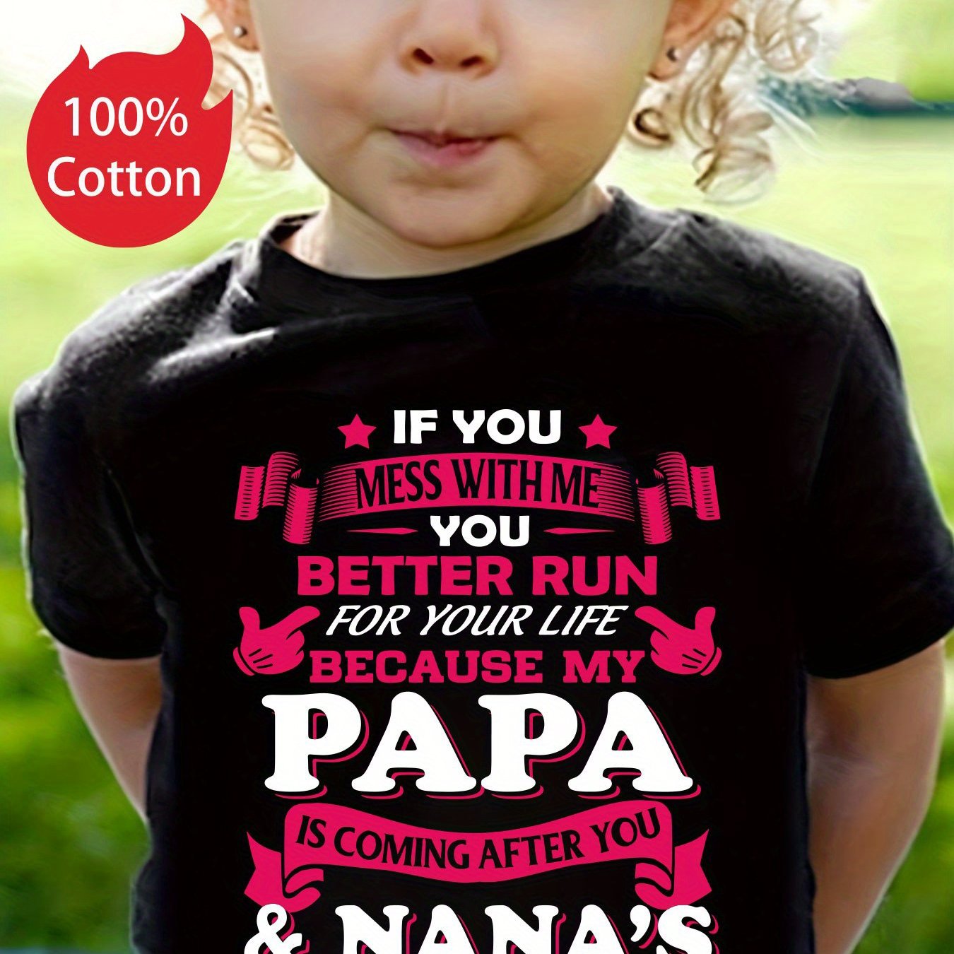 TEMU Gourd Doll Girls' Summer T-shirt, " Miss Me, You Papa" Letter Print, Casual Crew Neck, Short Sleeve, Asymmetrical Hem, Knit Pullover With Slight