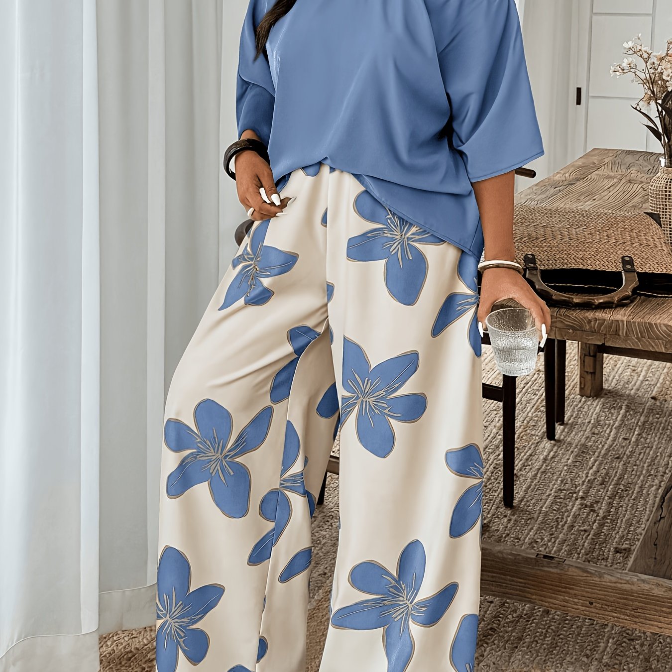 TEMU Elegant Women's Fashion 2pcs Set: Solid -shoulder Pullover   Large Blue Floral Print Pants, Comfortable, Breathable, And High-end Casual Outfit