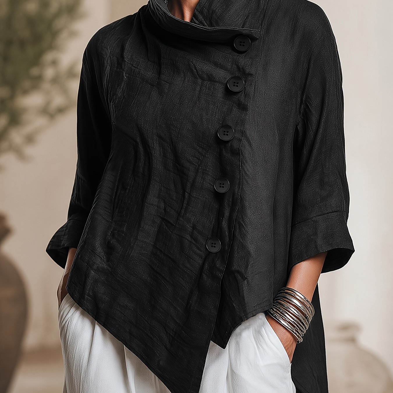 TEMU Vintage-style Casual Solid-color Collar Long-sleeve Shirt With An Asymmetrical Hem, Suitable For Autumn/winter, Commuting, And Casual Daily Wear