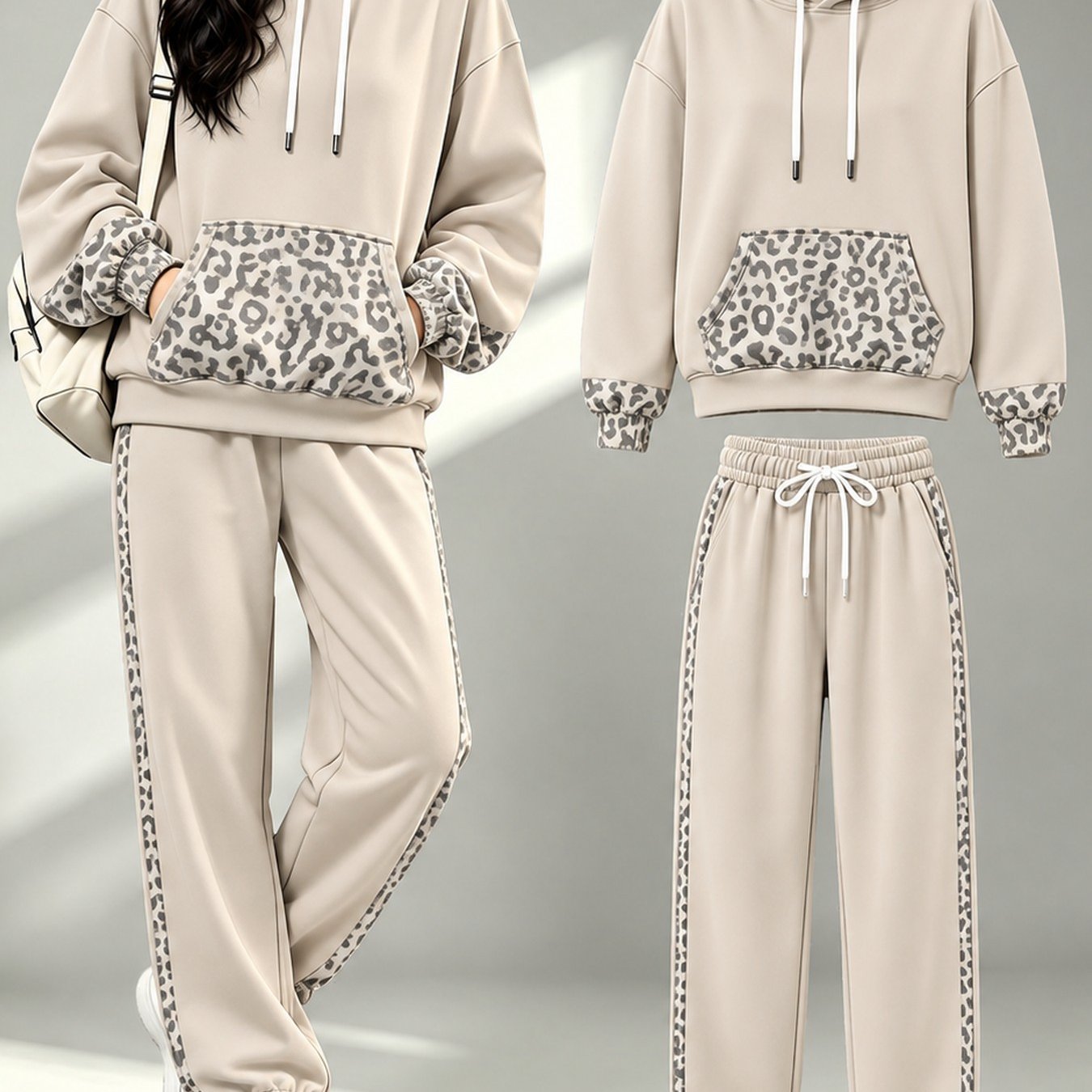 Image of 2pcs Set, Women's Autumn And Winter New Hooded Sweatshirt And Jogger Trousers Outfit, Geometric Print (not Embroidered), Suitable For Versatile Commuting, Outdoor S, Parties, Etc., Ideal For Gifting.