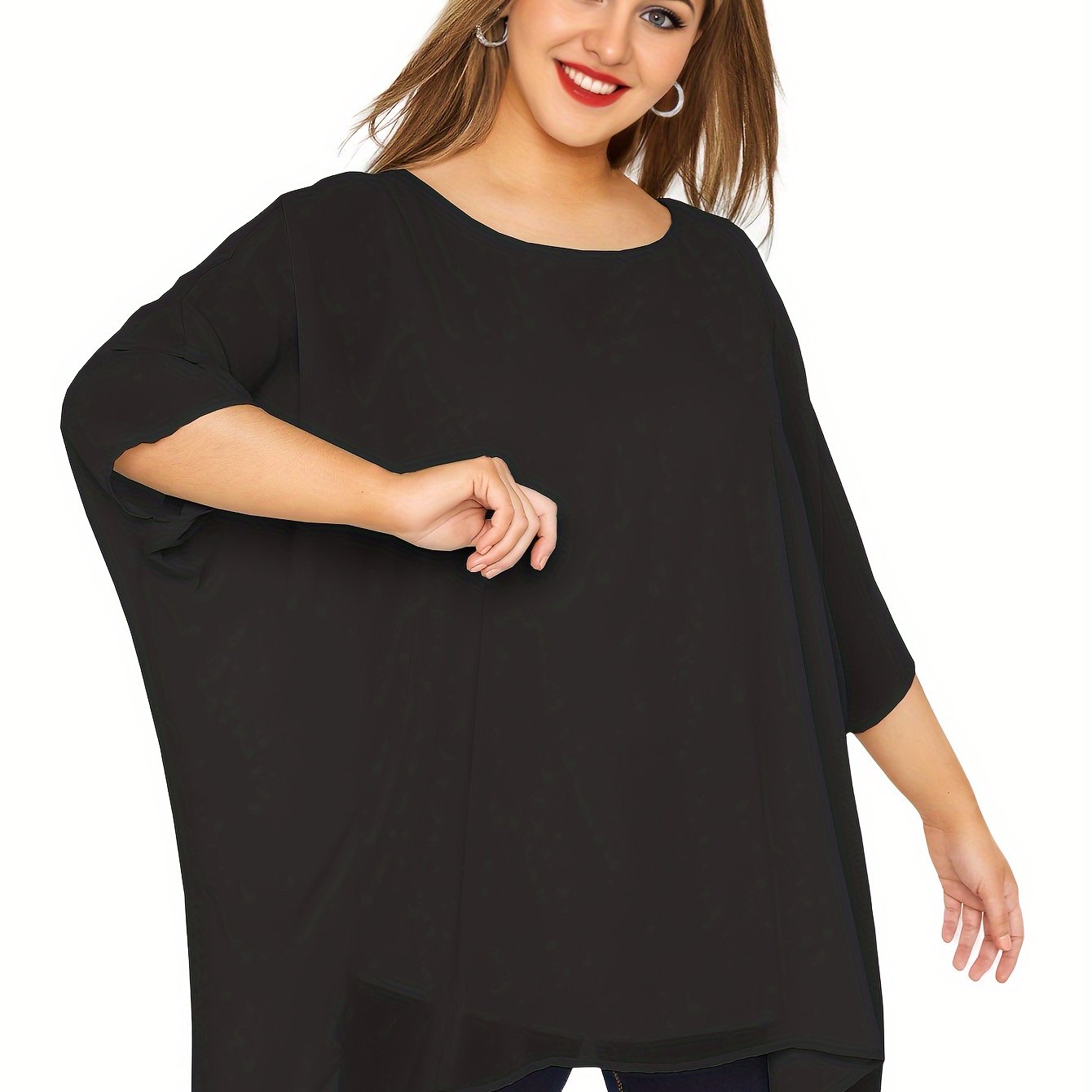 Image of Plus Size - Plus Size - Plus Size Elegant Cape Blouse Women Loose Oversize Tunic Top