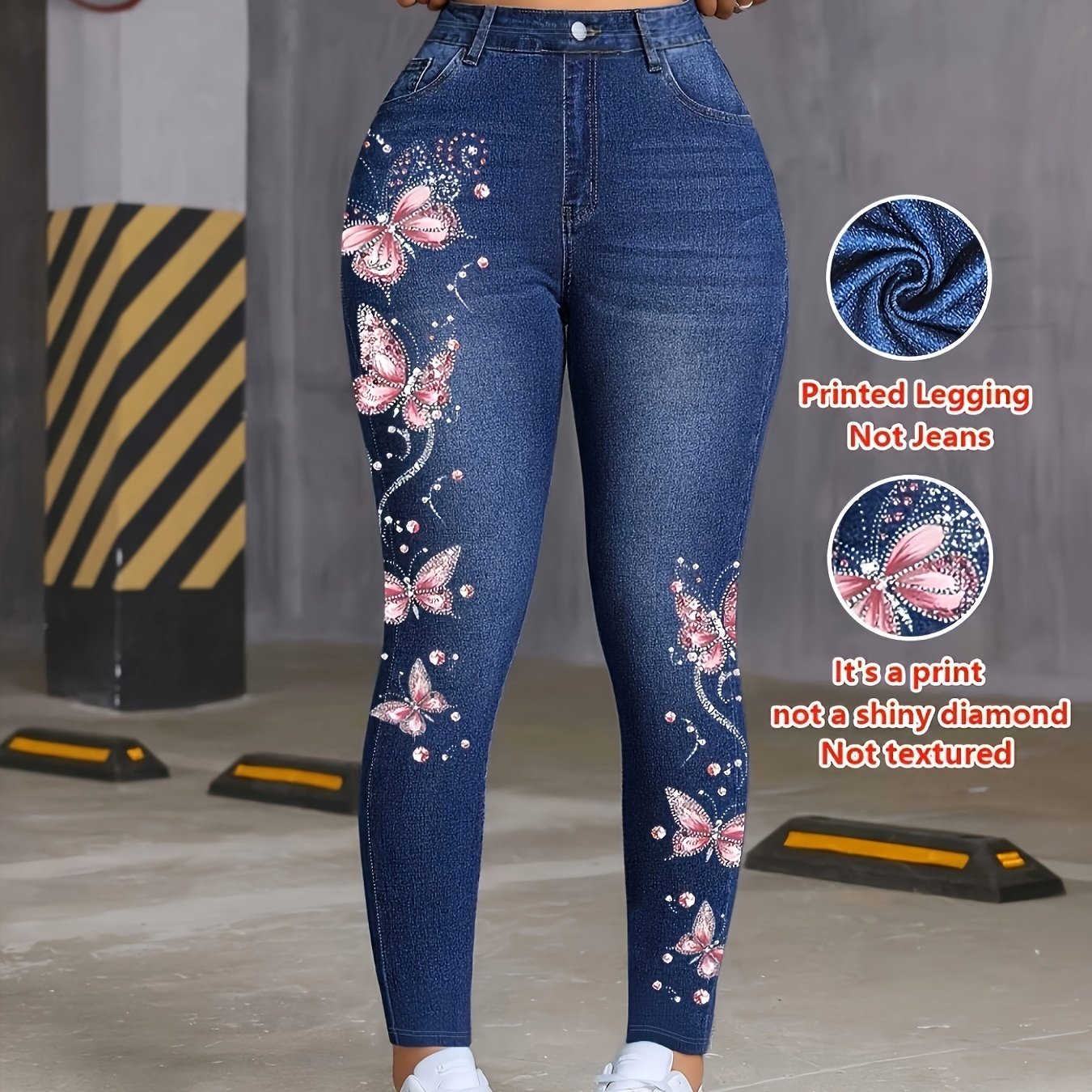 TEMU [printed Leggings - Not Denim Fabric] Denim Printed Pants, Fake Pocket Printed Elastic Waist Stretch Tight Pants Women's Casual Fashion Base