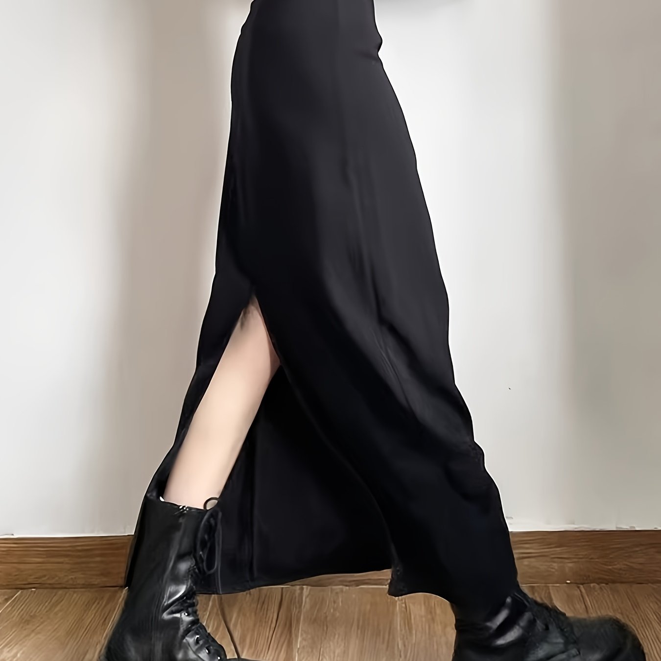 TEMU Black High-waisted Slit Skirt, And Figure-hugging A-line Midi Skirt
