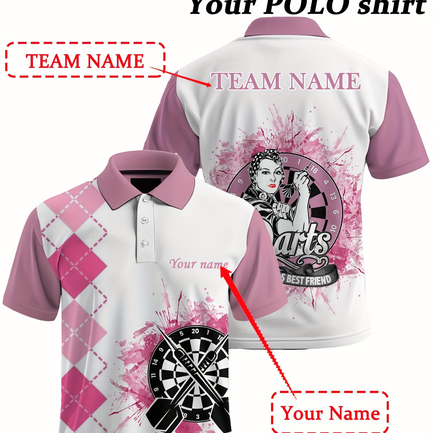 TEMU Customizable Men's Dart Shirt - Dart Pattern With Personalized Name, 3d Printing, Breathable Short Sleeves, Team Name Design, Breathable Summer