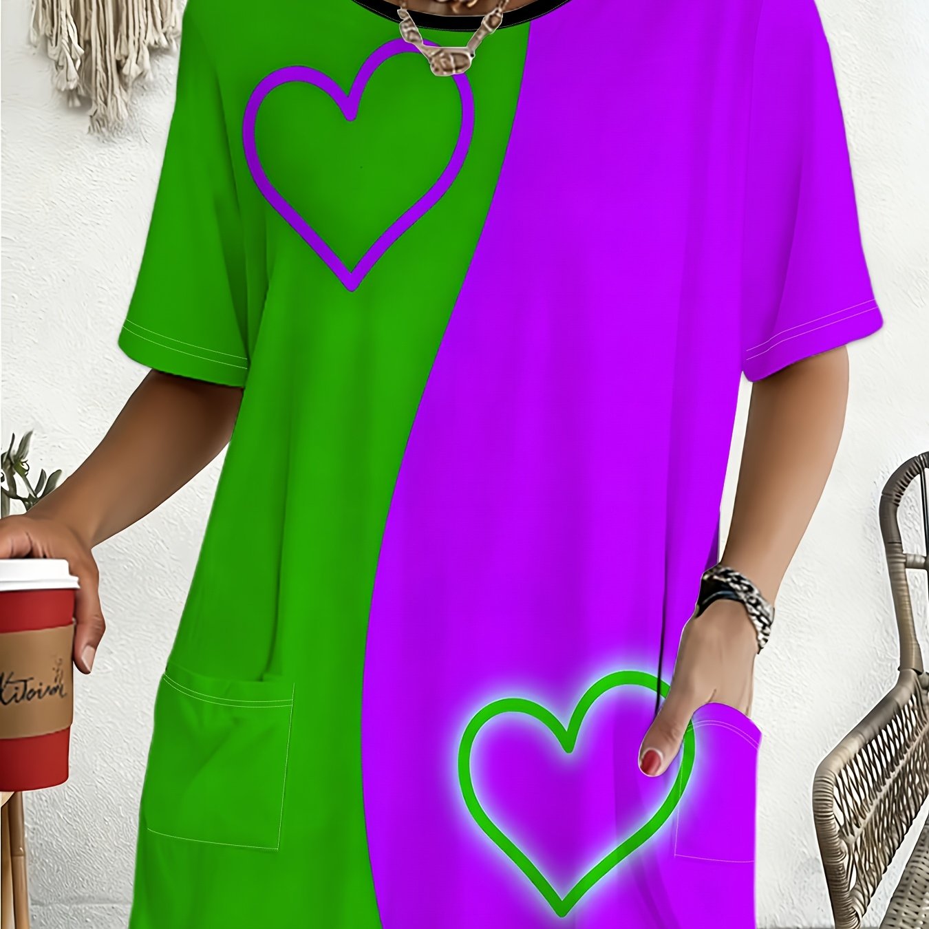 TEMU Color-block Heart Pattern Loose Short Sleeve T-shirt, Women's Casual Top, Plus Size Design Comfortable And Fashionable