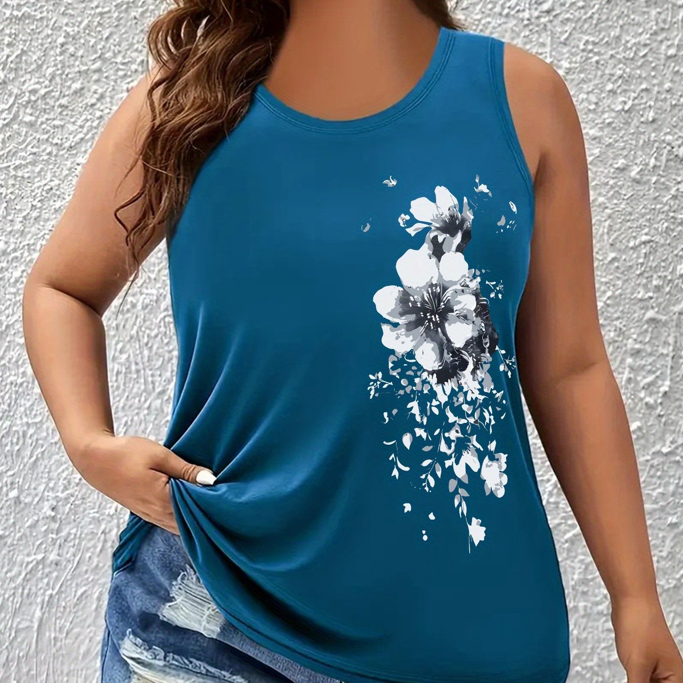 TEMU Talla Grande - Camiseta sin de Cuello con Estampado Floral para Mujer, Chaleco sin de Moda Talla Grande