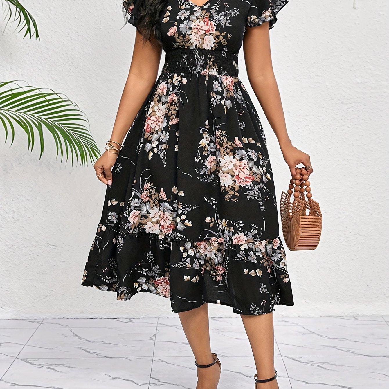 TEMU Women's Floral Print Ruffle Hem Belted Midi Dress, Casual Elegant Party & Office Dress For /birthday & Event Dresses/festival Dresses, Bohemian