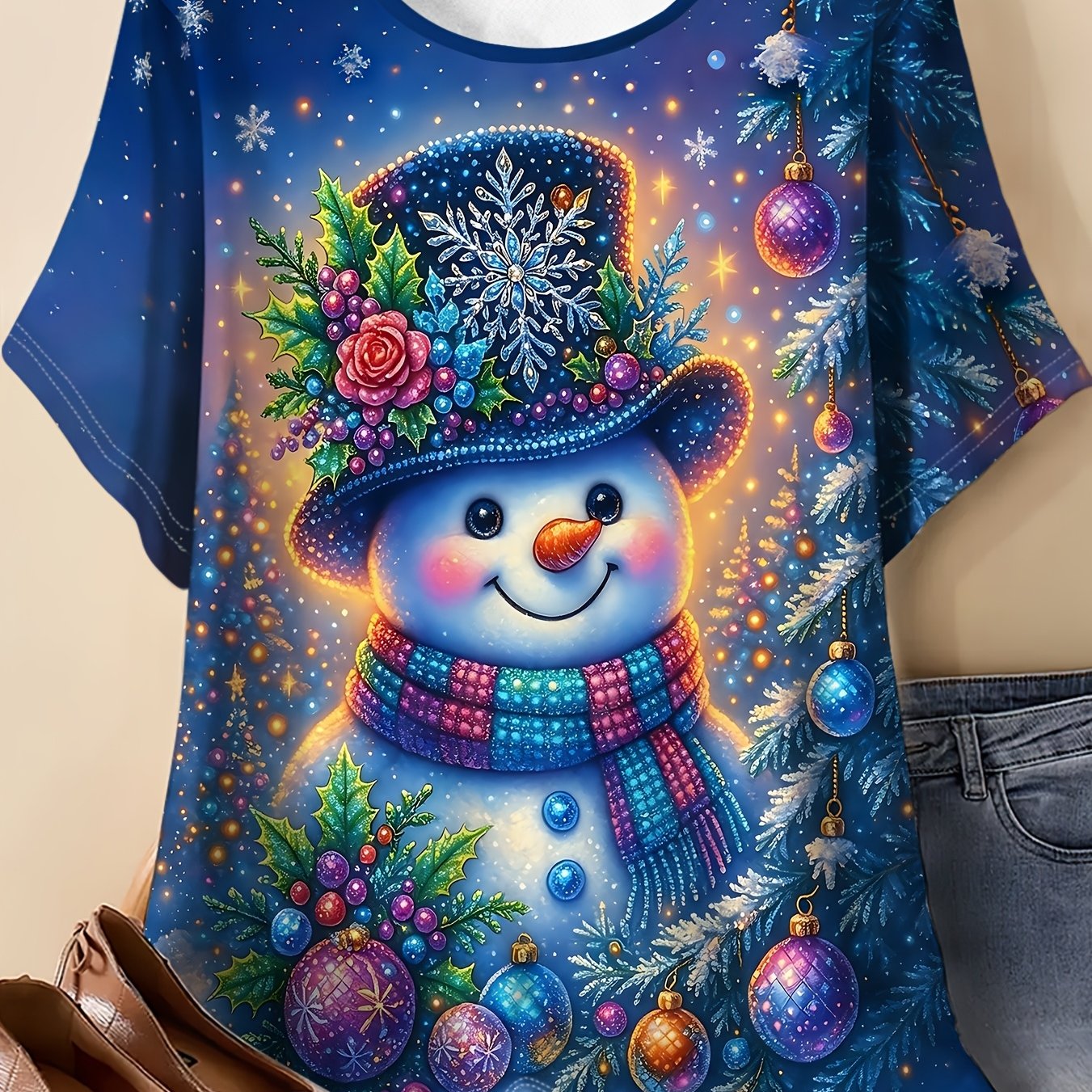 TEMU Women's Summer Plus Size Round Neck T-shirt, Christmas Decor Snowman Starry Forest Holiday Print