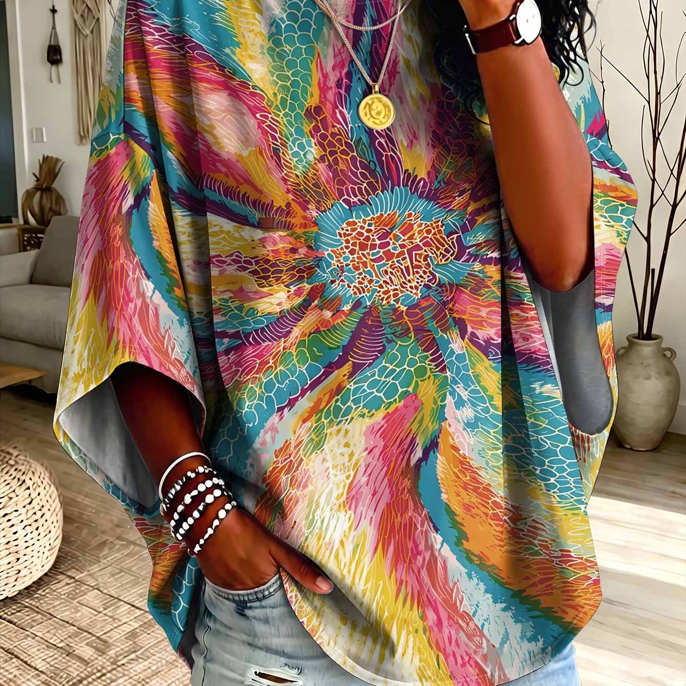 TEMU Plus Size Women's Bohemian Ethnic Style Vibrant Sunflower Print T-shirt, Loose Round Neck Drop Shoulder 3/4 Sleeve Top, Casual Top, Women's