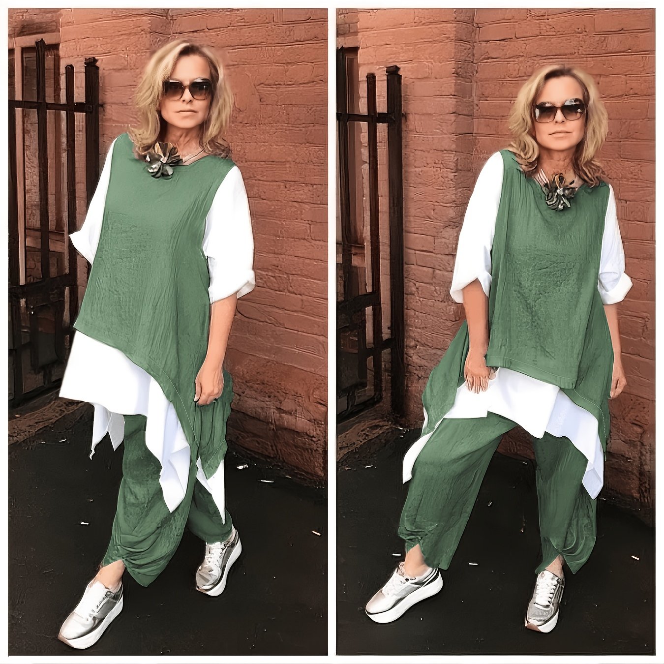 TEMU Conjunto de 2 piezas de talla grande, top de media con empalme de bloques de color + pantalones harén con puños plisados, conjunto casual de