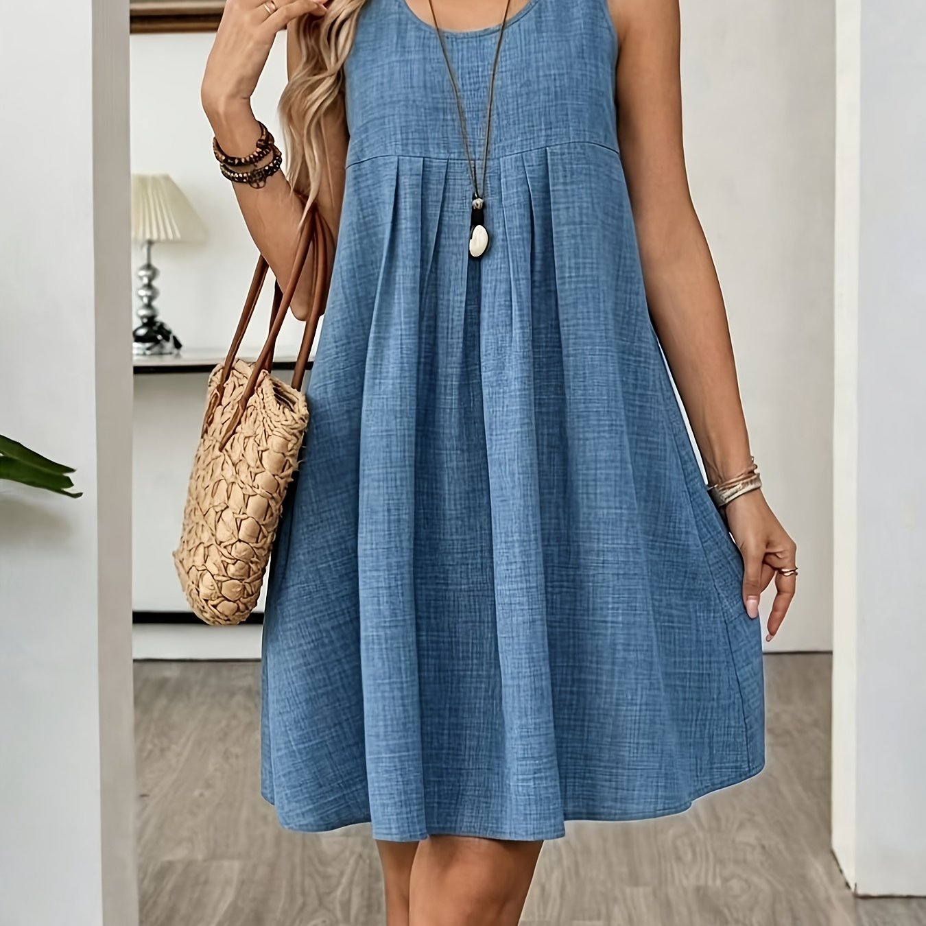 TEMU Women' Solid Color Round Neck Pleated Sleeveless Dress