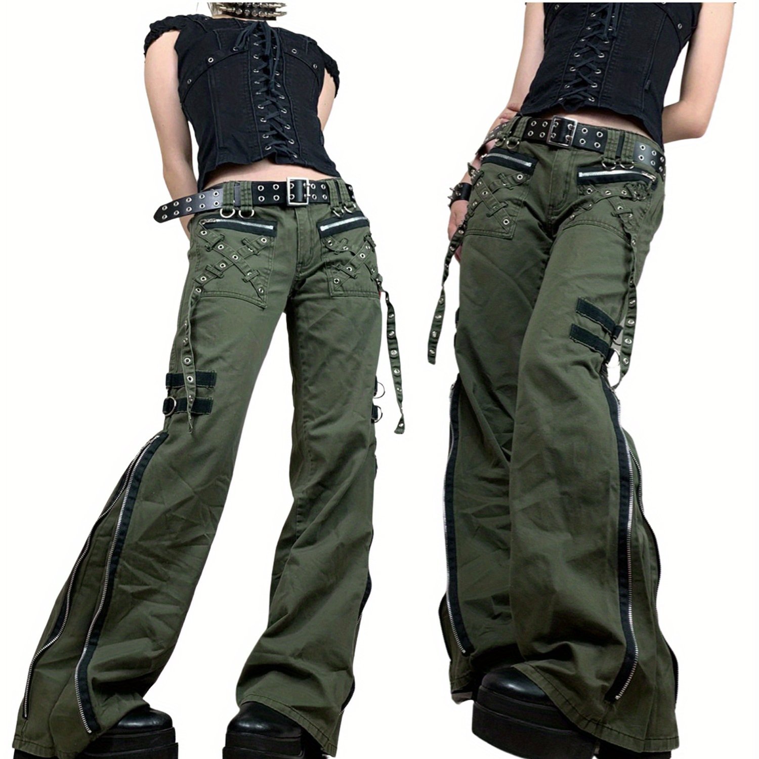 TEMU Loose-fitting Low-rise Cargo Pants For Women, Featuring Wide Legs And A Baggy Style, Perfect For Harajuku Street Fashion And Punk Aesthetics