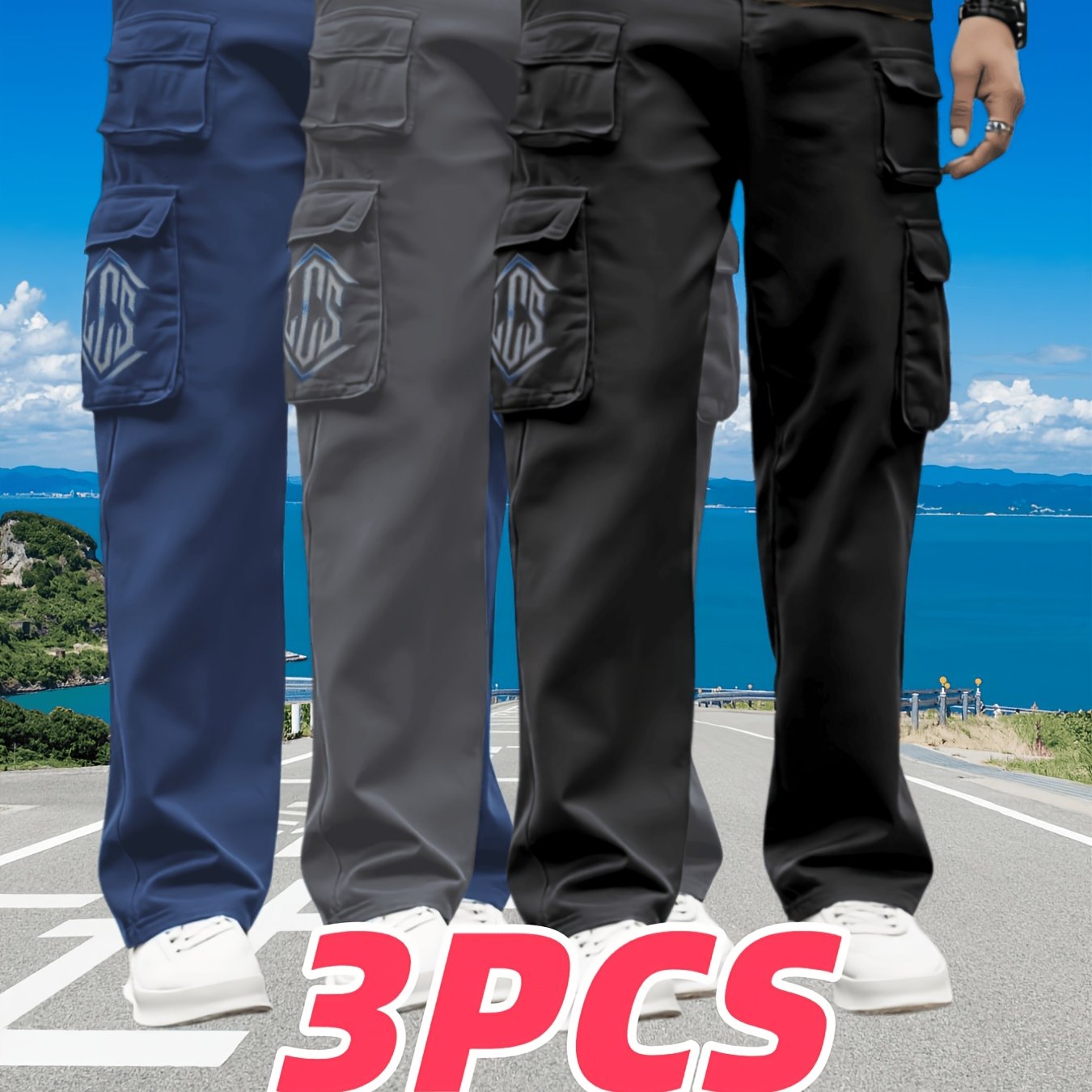 TEMU Set Of 3 Men's Casual Cargo Pants - Breathable And Loose Design, Multiple Pockets, Versatile And Stylish For Spring And Autumn, Suitable For