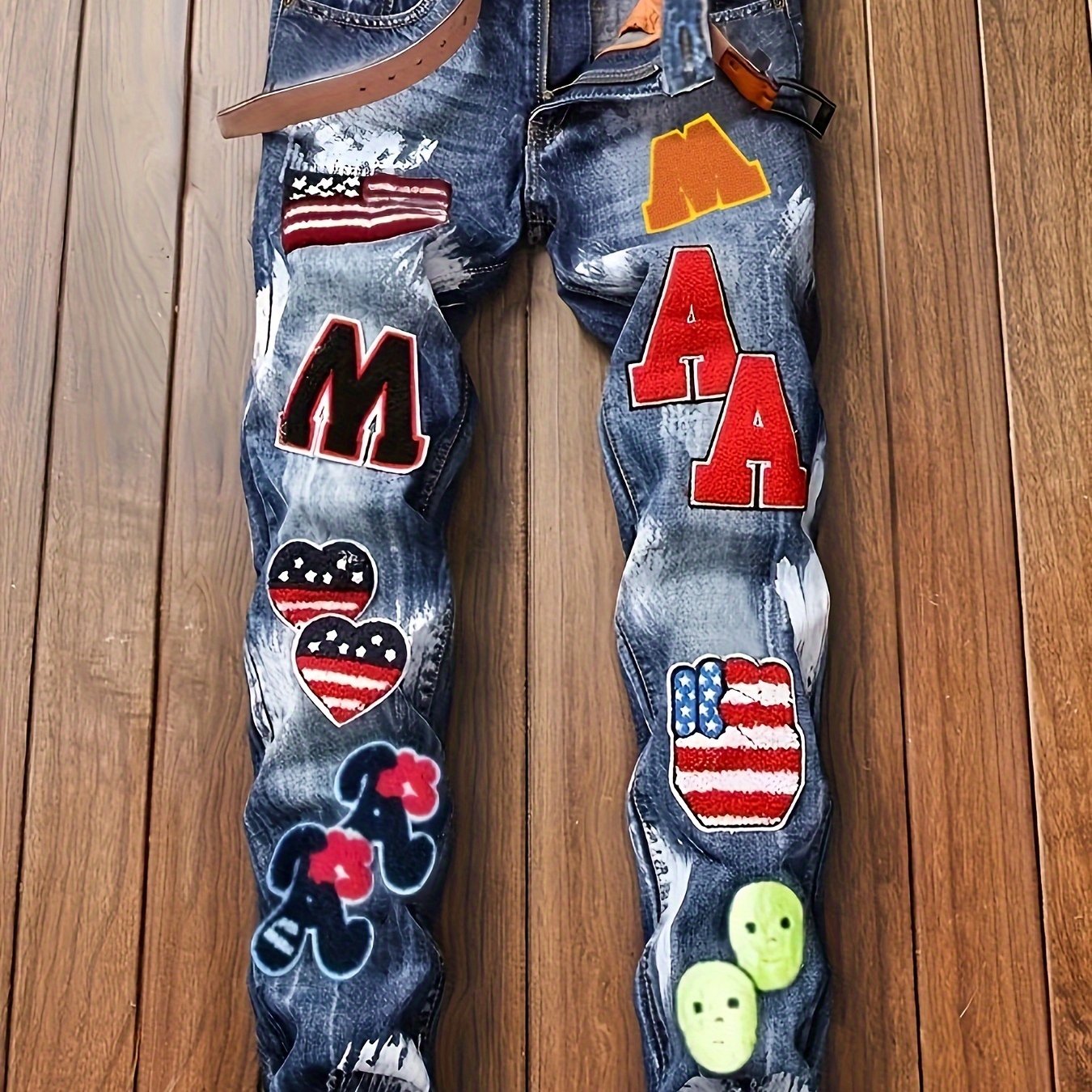 TEMU Punk Trend Blue Slimming Personality Badge Paint Embroidery Small Straight Men's Jeans