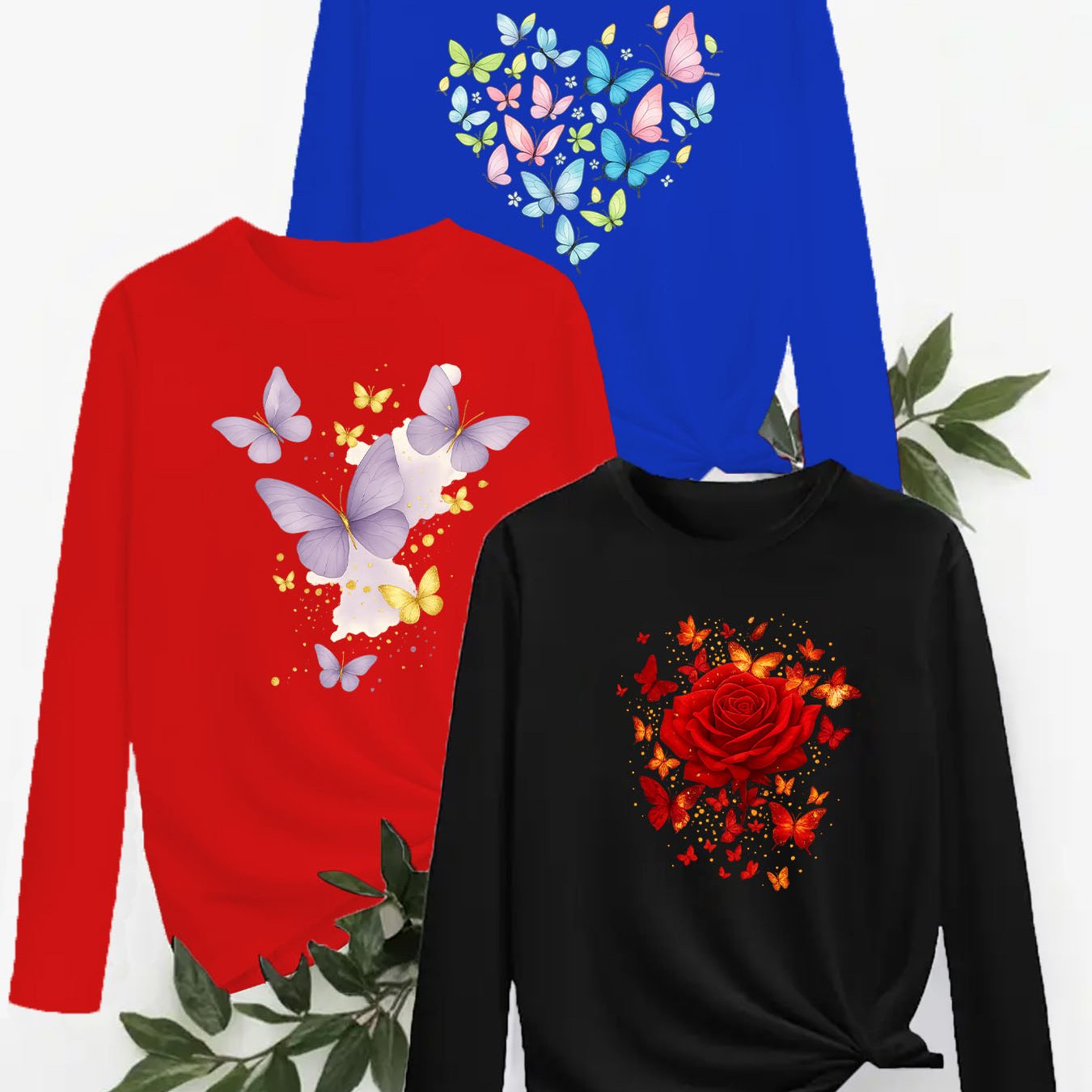 TEMU Set Of -size Women's Long-sleeve Round-neck T-shirts, New Style With Romantic Heart Floral Print