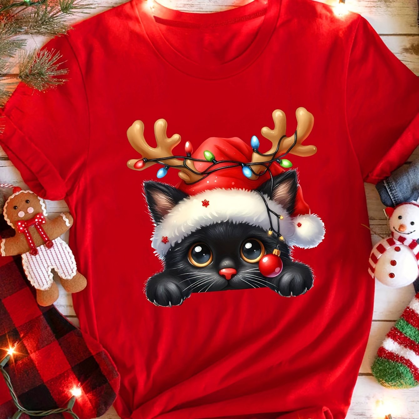 TEMU Women's Christmas Cat With Santa Hat Print T-shirt, Short Sleeve Round Neck Casual Spring/summer Fashion Top, Polyester, , Regular Fit, No Belt,
