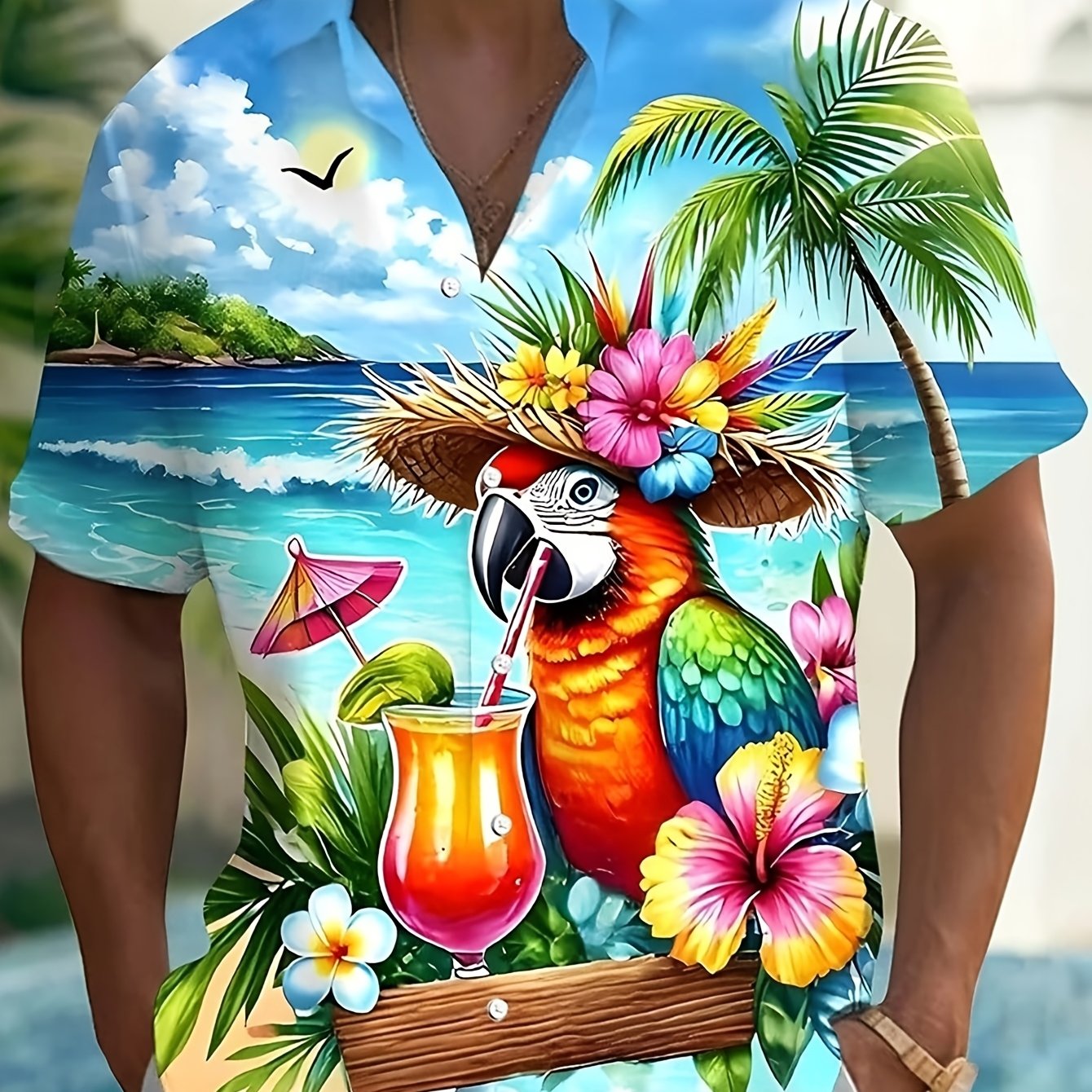 TEMU Men's Casual Short-sleeve Shirt With Parrot And Coconut Tree Print, A Vibrant Hawaiian-style Versatile Style Suitable For Beach Vacations, Music