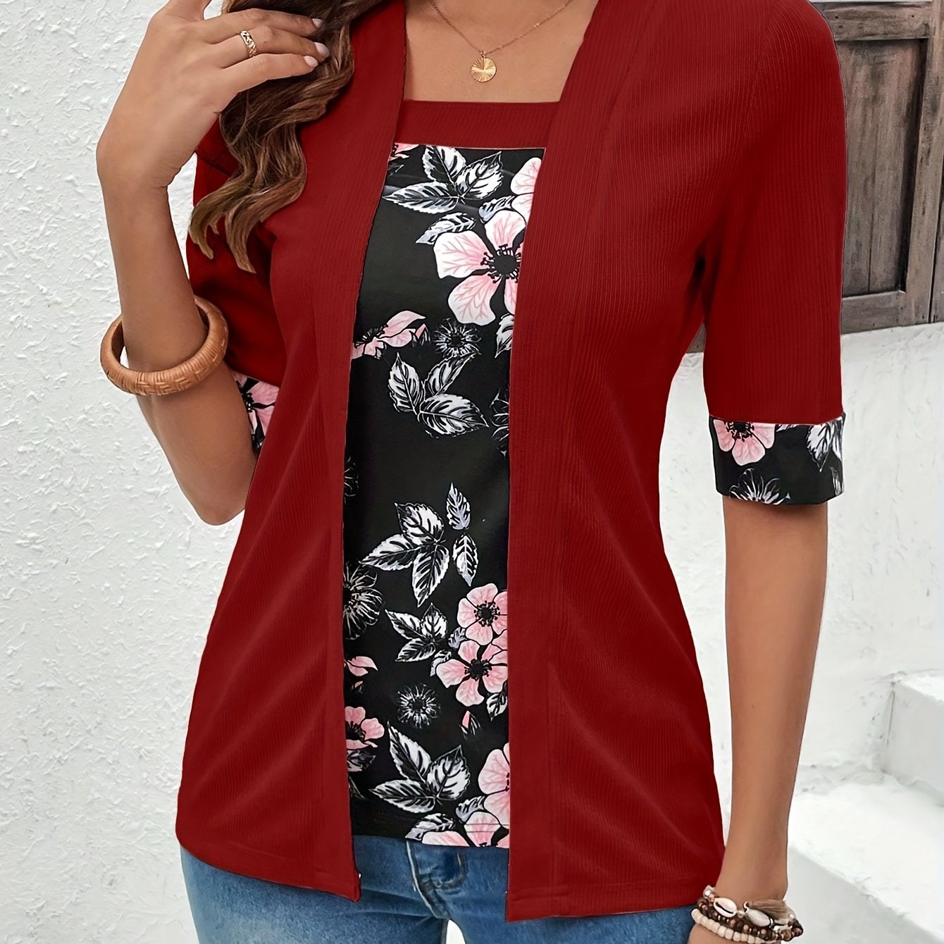 Yy0313237 Floral Print Fake Two-piece Outfit Women's T-shirt