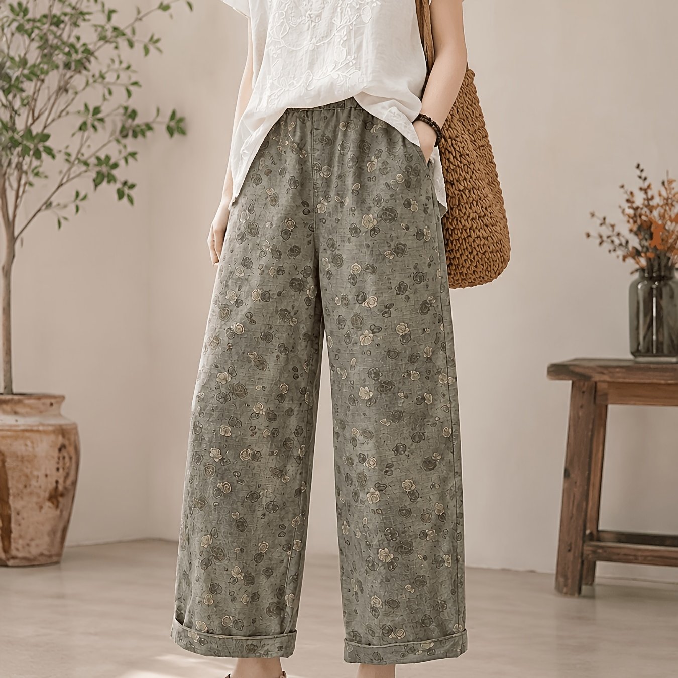 Fashion Floral Embroidery Wide Leg Denim Jeans, Retro Washed Elastic Waist Loose Trousers, All-match Casual Daily Outdoor Wear Pants