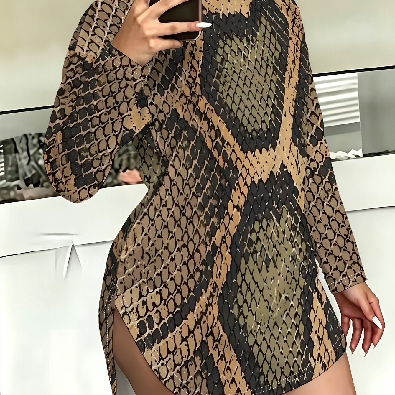 TEMU Women's Round Neck Army Green Snake Embossed Printed Long Sleeve Top, Khaki Military With Large Block Retro Snake Scale Pattern, Vintage Tone,
