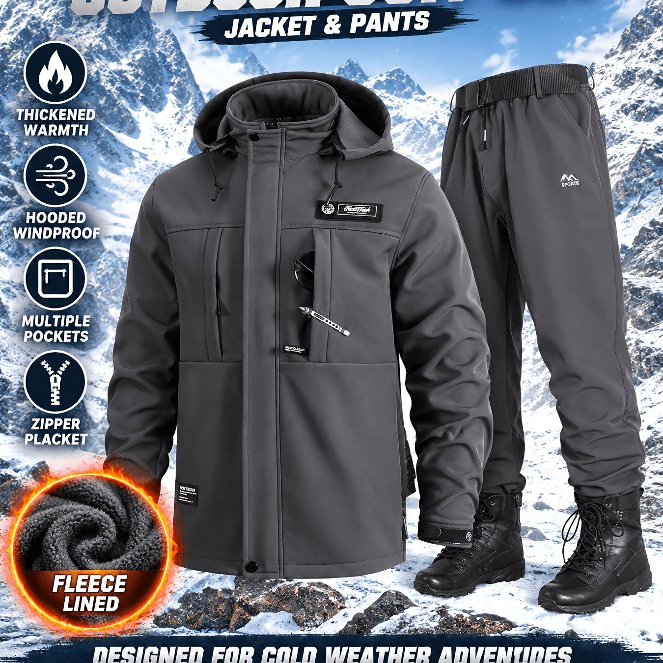 Men's Hooded Jacket & Thermal Pants Set for Cold Weather Activities