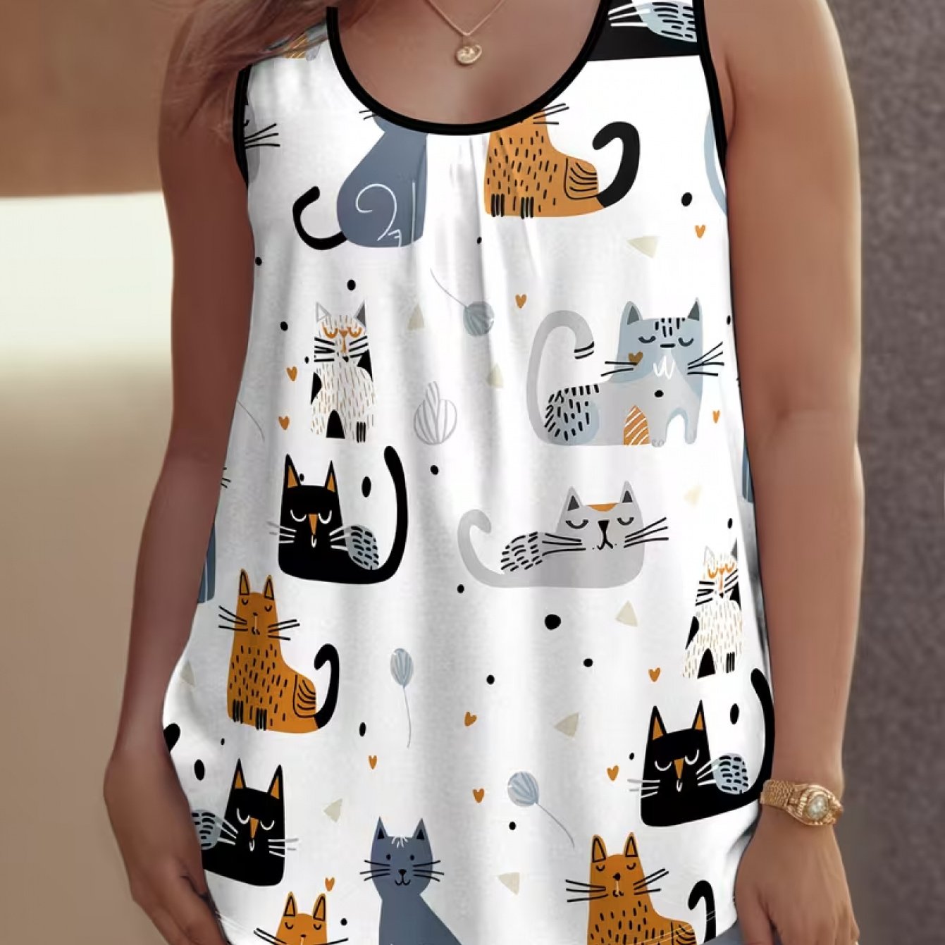 TEMU Plus Size - Plus Size - Print, Plus-size Round-neck Tank Top, Artistic And Elegant Style Shirt