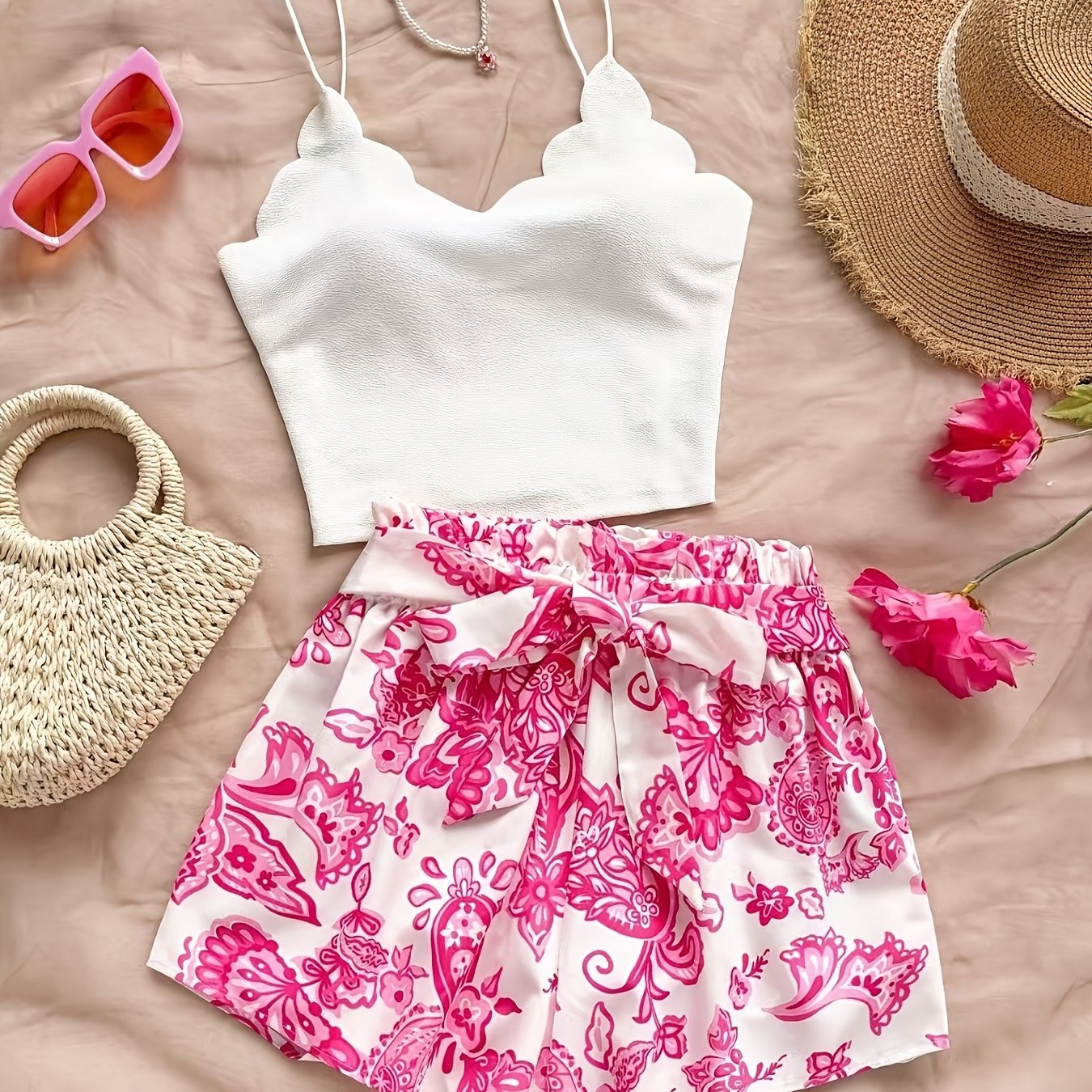 TEMU Women' Color Curved Hem Camisole And Shorts Set, Two-piece Printed Clothing Set, Summer Clothing Set