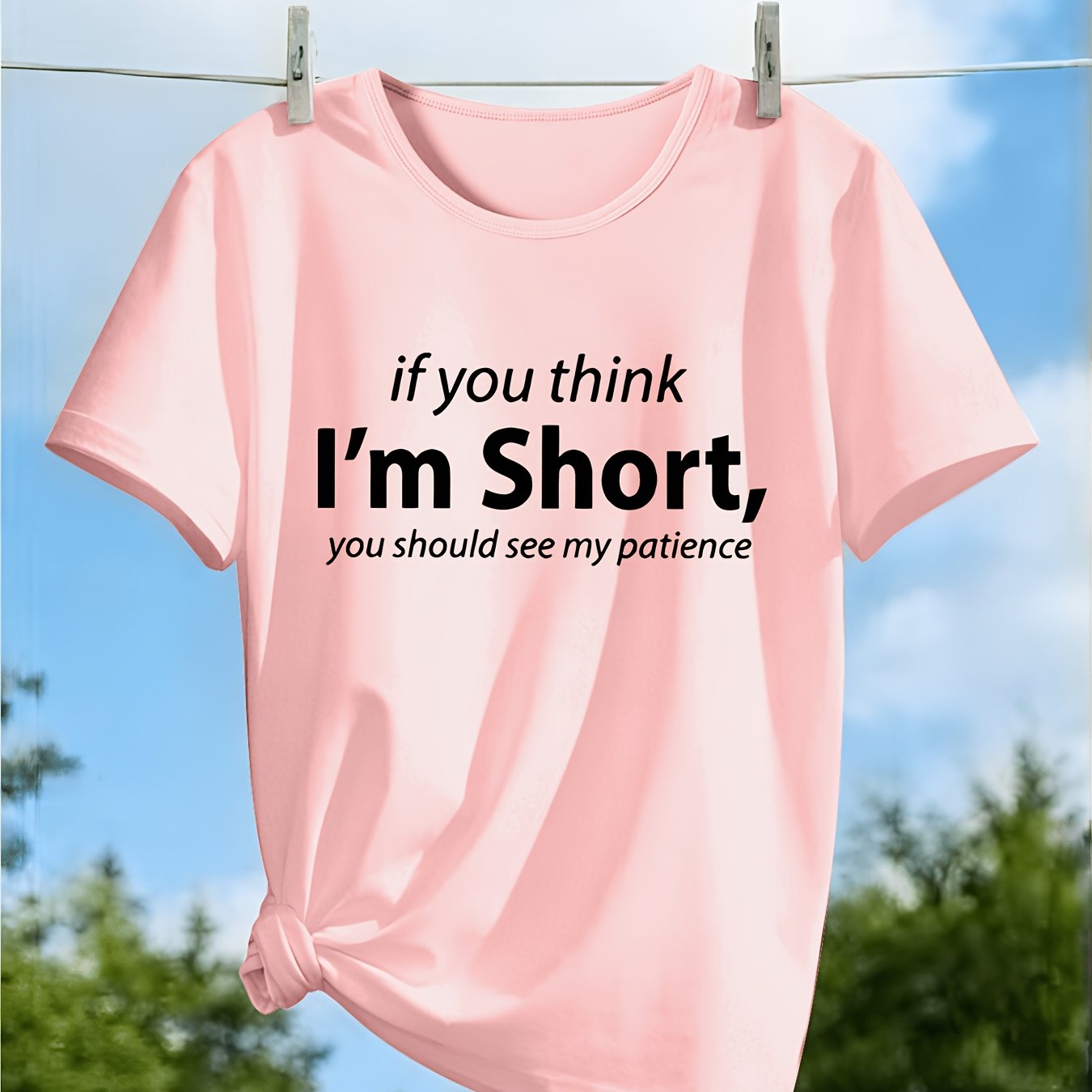 TEMU Women's Funny " For I'm Short..." Sassy T-shirt - Short Joke Print Round Neck Casual Tee, Medium-stretch Fabric Suitable For Casual Attire & Gym