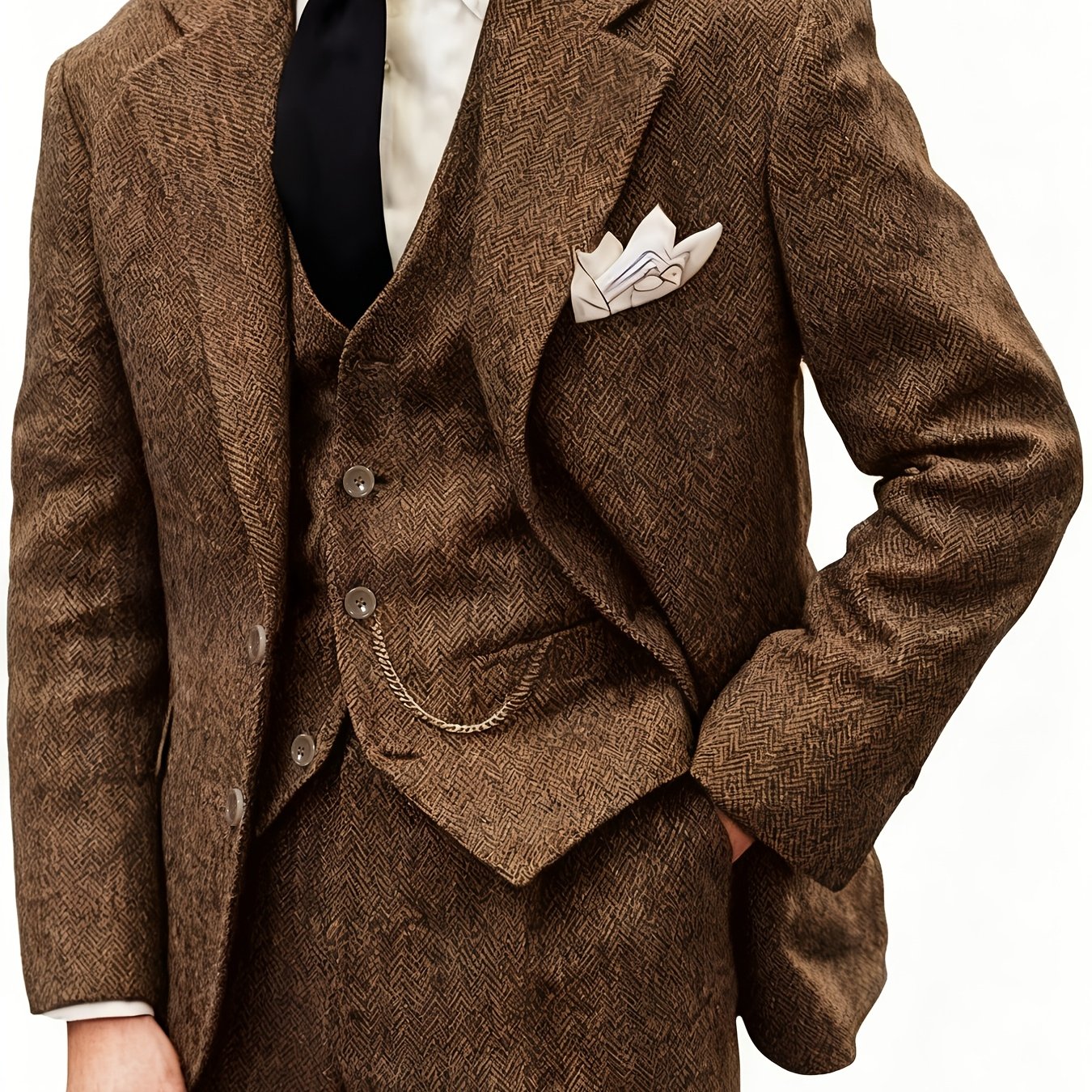 TEMU Men's 4pcs Wool Blend Herringbone Western Vintage Favor Wedding Suit For Formal Events, Work, Business, And Parties - Elegant Vintage Suit