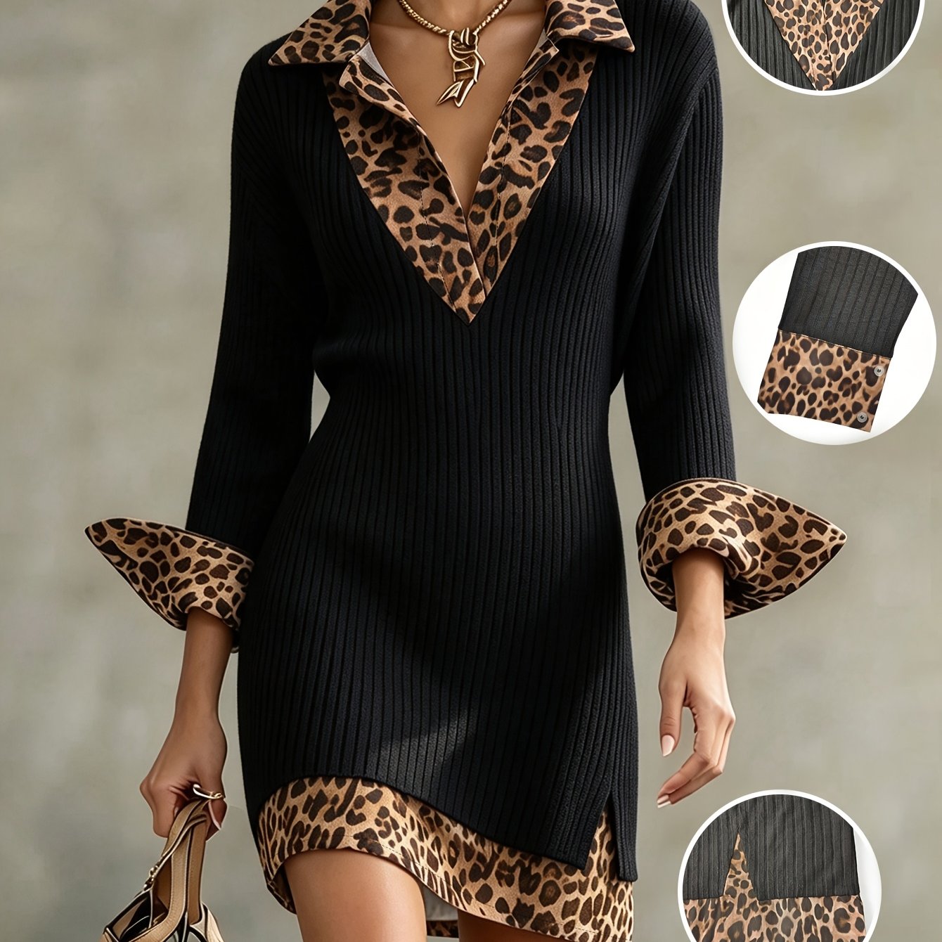 TEMU Plus Size, Plus Size Women's Vintage Leopard Print Color-block Breathable Loose V-neck Shirt Dress - Fabric, Machine Washable, Flattering