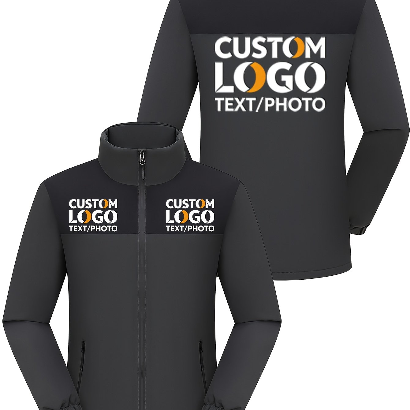 TEMU Men's -lined Jacket For Autumn And Winter, Stand Collar Zip-up Windbreaker With 3-area Print, Customizable Chest And Back, Self- Logo Pattern,