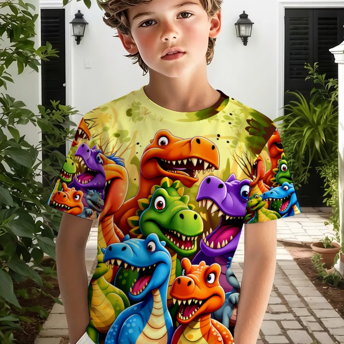 TEMU 1 Boys' Outdoor Casual Sports Round Neck Short Sleeve T-shirt, Colorful Dinosaur Collection 3d Printed T-shirt, Comfortable And Breathable