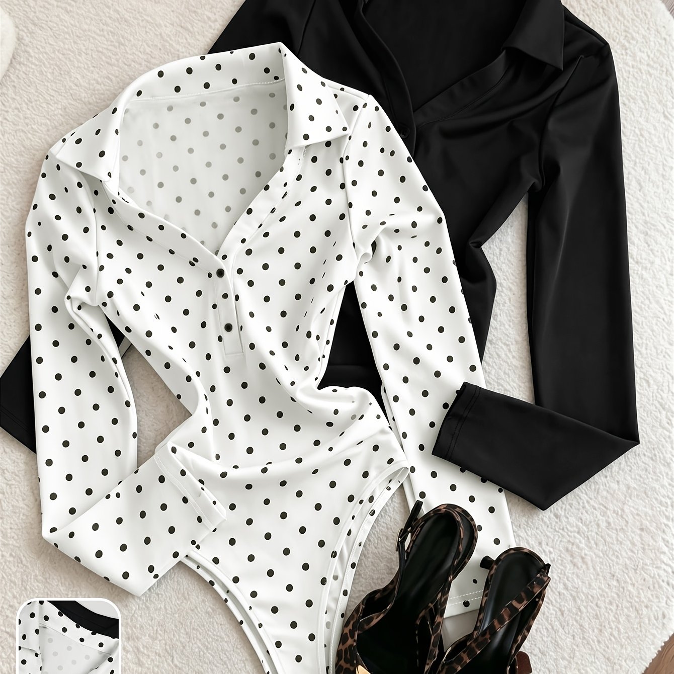 TEMU Women's Elegant 2pcs Set: Collar Polka Dot Long Sleeve Jumpsuit Top And Collar Solid Color Long Sleeve Jumpsuit Top Pb-1792