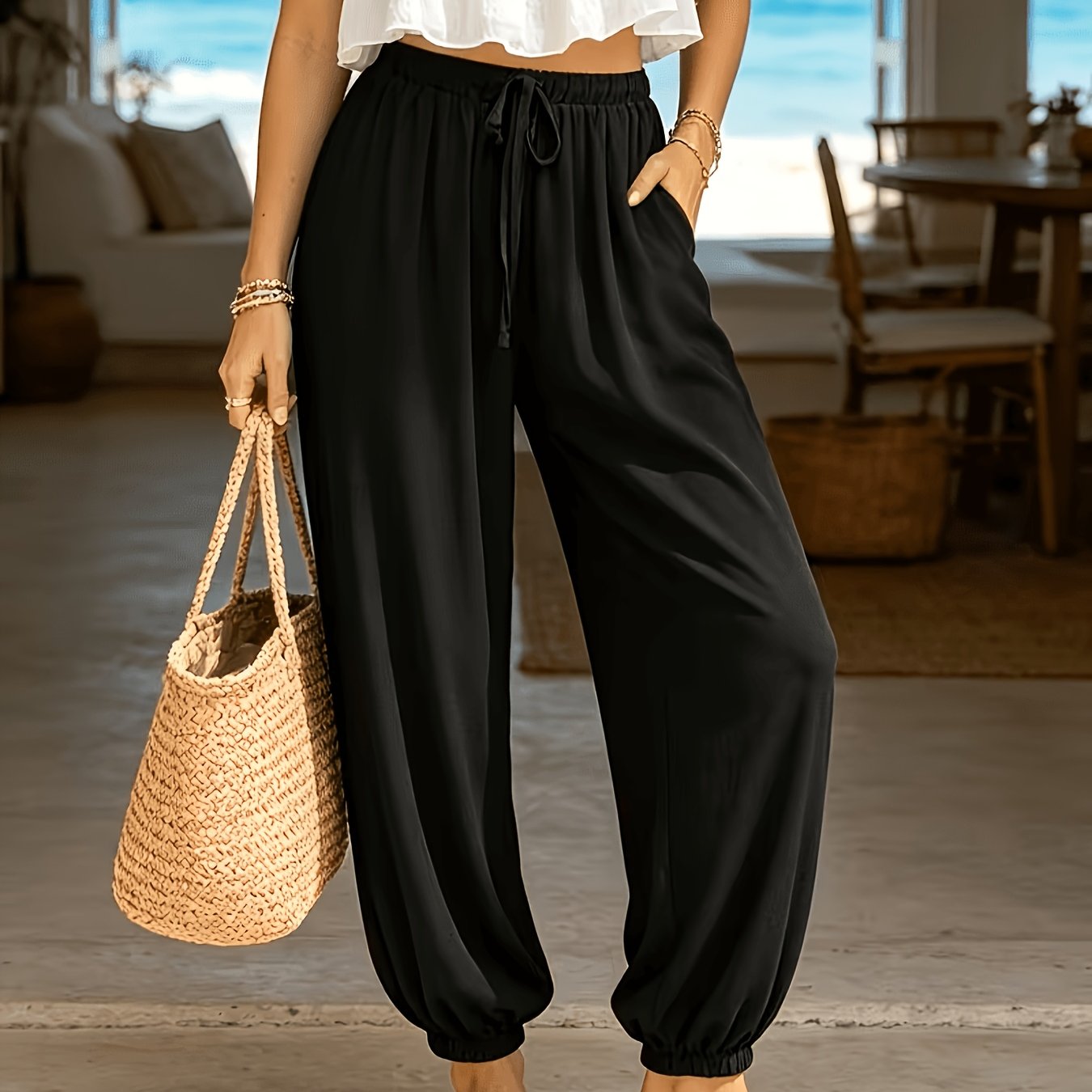 TEMU Women's Bohemian Elastic Waist Carrot Pants - Lightweight Breathable Yoga & Lounge Pants With Side Pockets, Loose-fit Suitable For Travel,