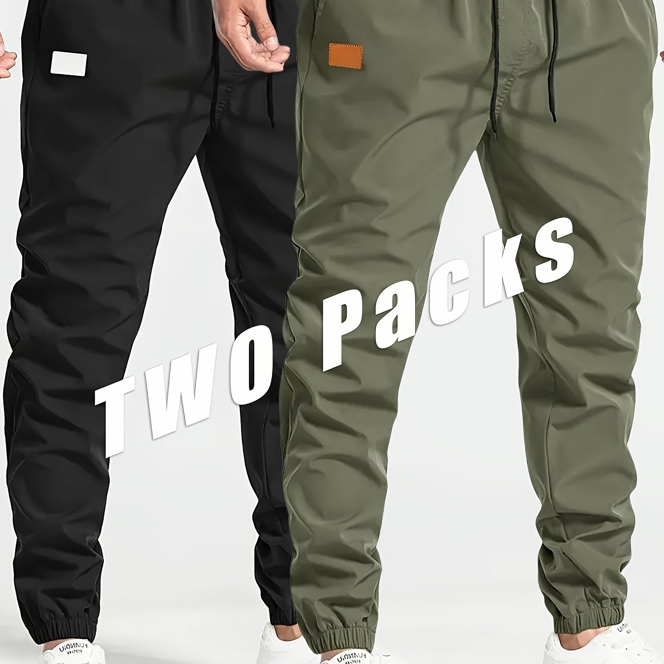 TEMU 2-pack Men's Casual Cargo Pants, 100% Polyester, Non-stretch Woven Fabric, Solid Color, Loose Fit With Drawstring, Regular Length, Hiking & Outdoor Wear