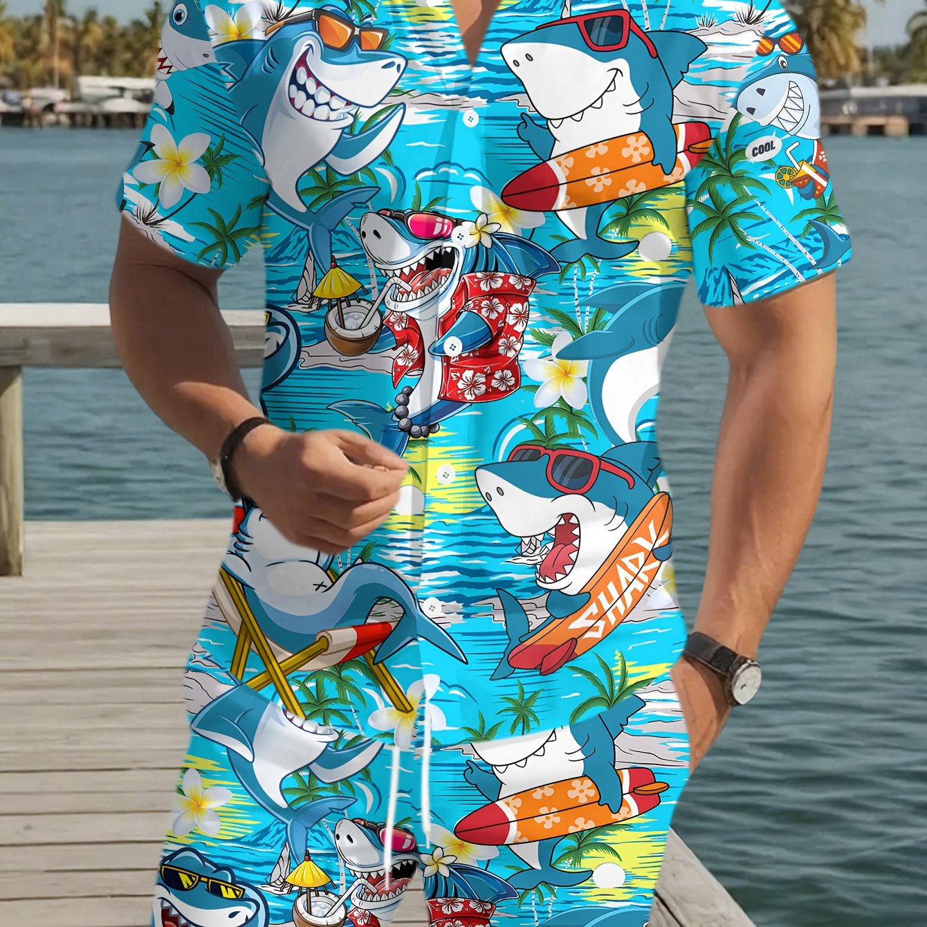 TEMU Men's Casual Shirt And Shorts Set For Beach Vacations, Plus Size