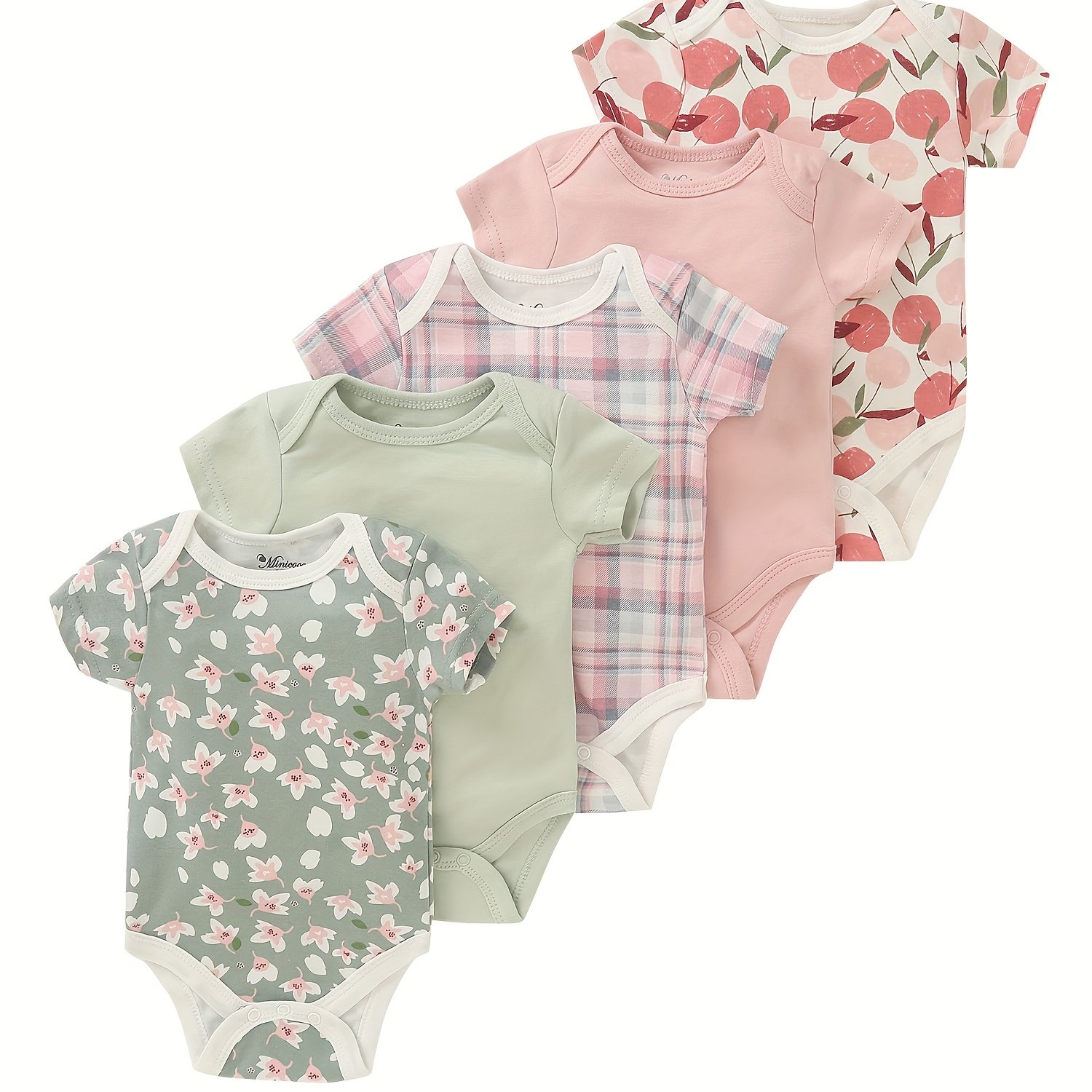 Image of 5pcs Set Of Comfortable Triangle Bodysuits For Kids With Print And Polka Dot Patterns, Casual Short-sleeve Rompers, Summer Outdoor Clothing For Toddlers And Girls, As A Gift, Perfect For Outdoor