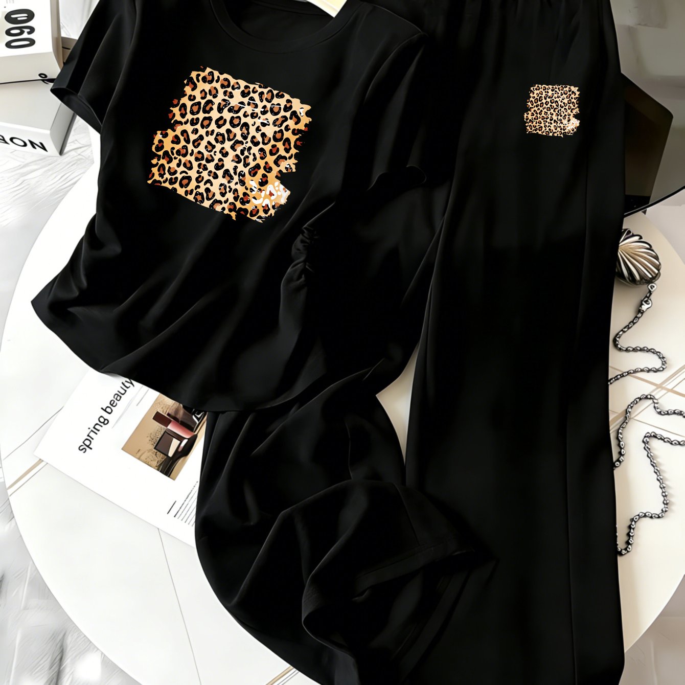 TEMU New 2026 Style, 2pcs Set: Y2k Style Versatile Women's T-shirt   Pants Set, Fashionable Trendy Print With Shirred Design, Slim Fit Casual,