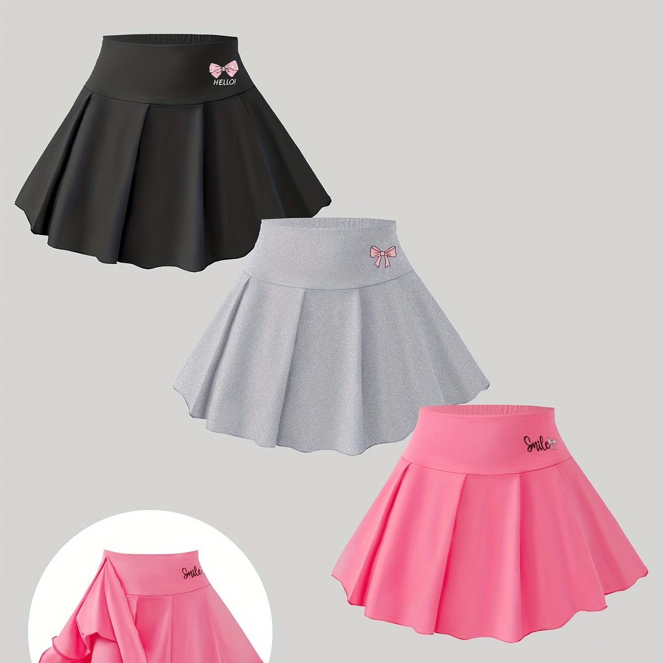 3pcs Set Spring/summer Girls' Fashionable Everyday School Style Bow Print Pleated Skort, Back To School Essentials