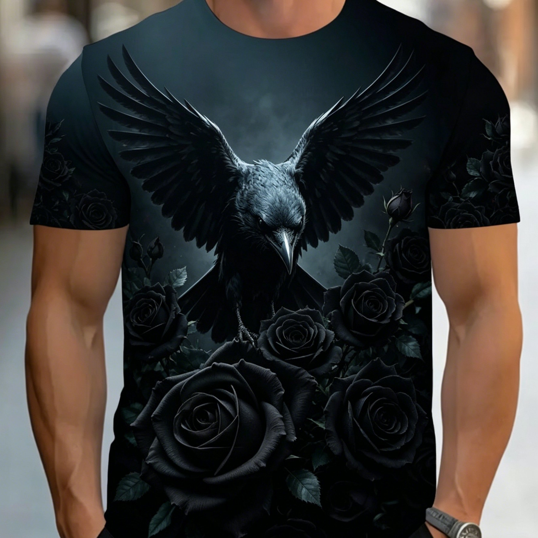 TEMU Men's Plus Size Oversized Rose Gothic T-shirt - Full-body Print Short Sleeve Crew Neck Casual Summer Top, Loose Fit Suitable For Gym, Casual
