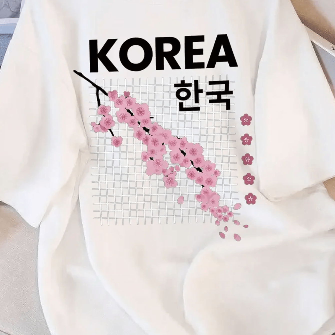 Korean Style "korea" Cherry Print Men's 100% T-shirt Casual Round Neck Short Sleeve Tops Streetwear Tees