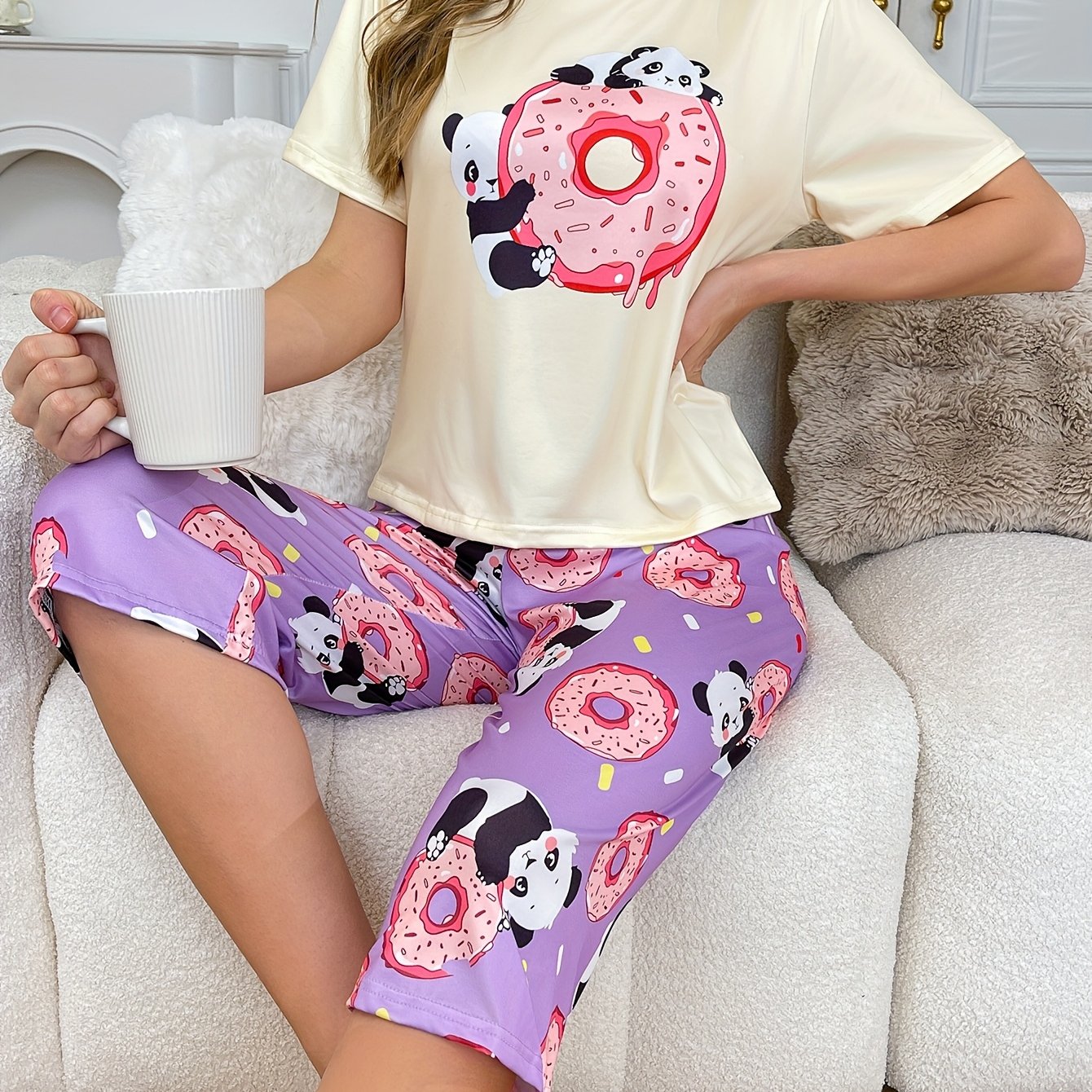 TEMU Women's Casual Cute Donut Print Top And Capri Pants Pajama Set