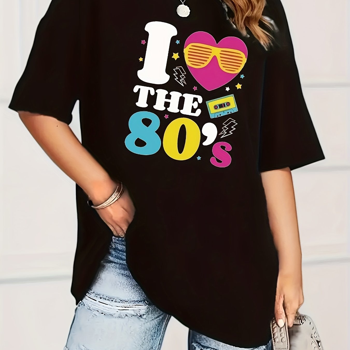 TEMU The 80's Print Casual T-shirt, Round Neck Short Sleeves Sports Tee, Women's Comfy Tops